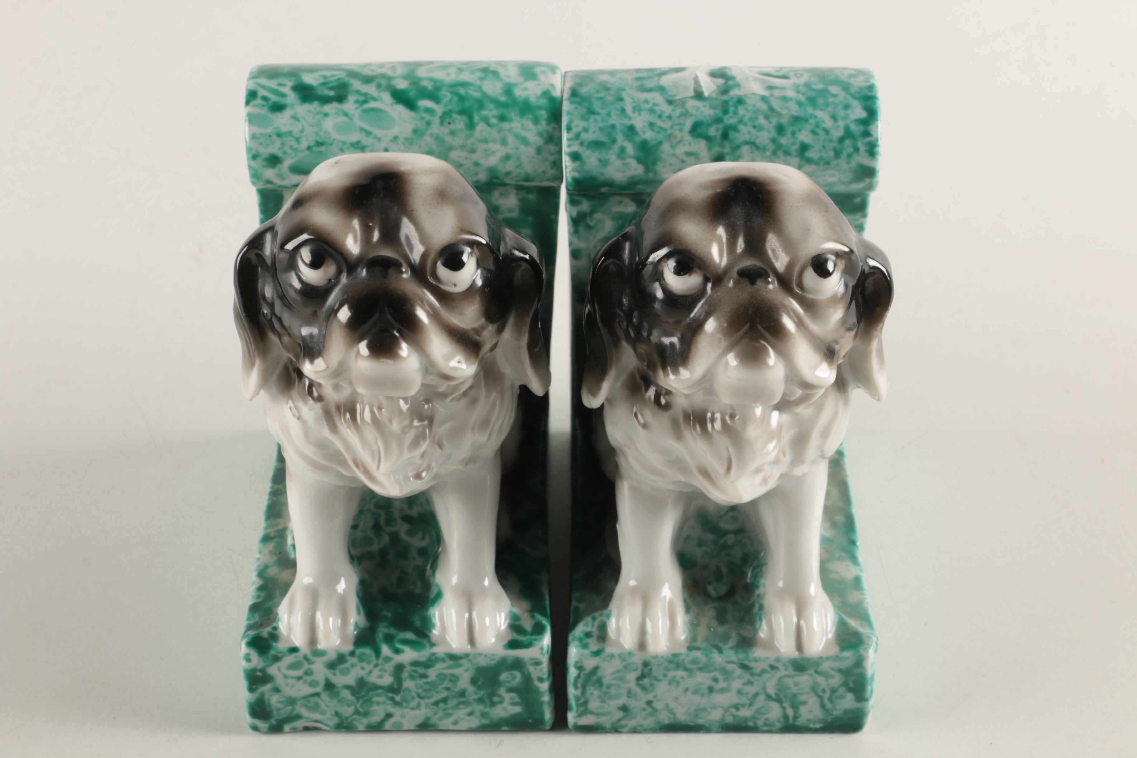 Maruyama Toki Yamashiro Ryuhei Japan Porcelain Pekingese Bookends, 1920s/1930s