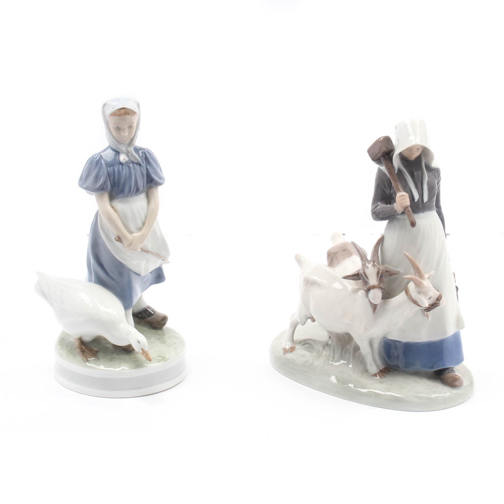 Royal Copenhagen Porcelain Figurines "Girl with Goose" and "Girl with Goats"