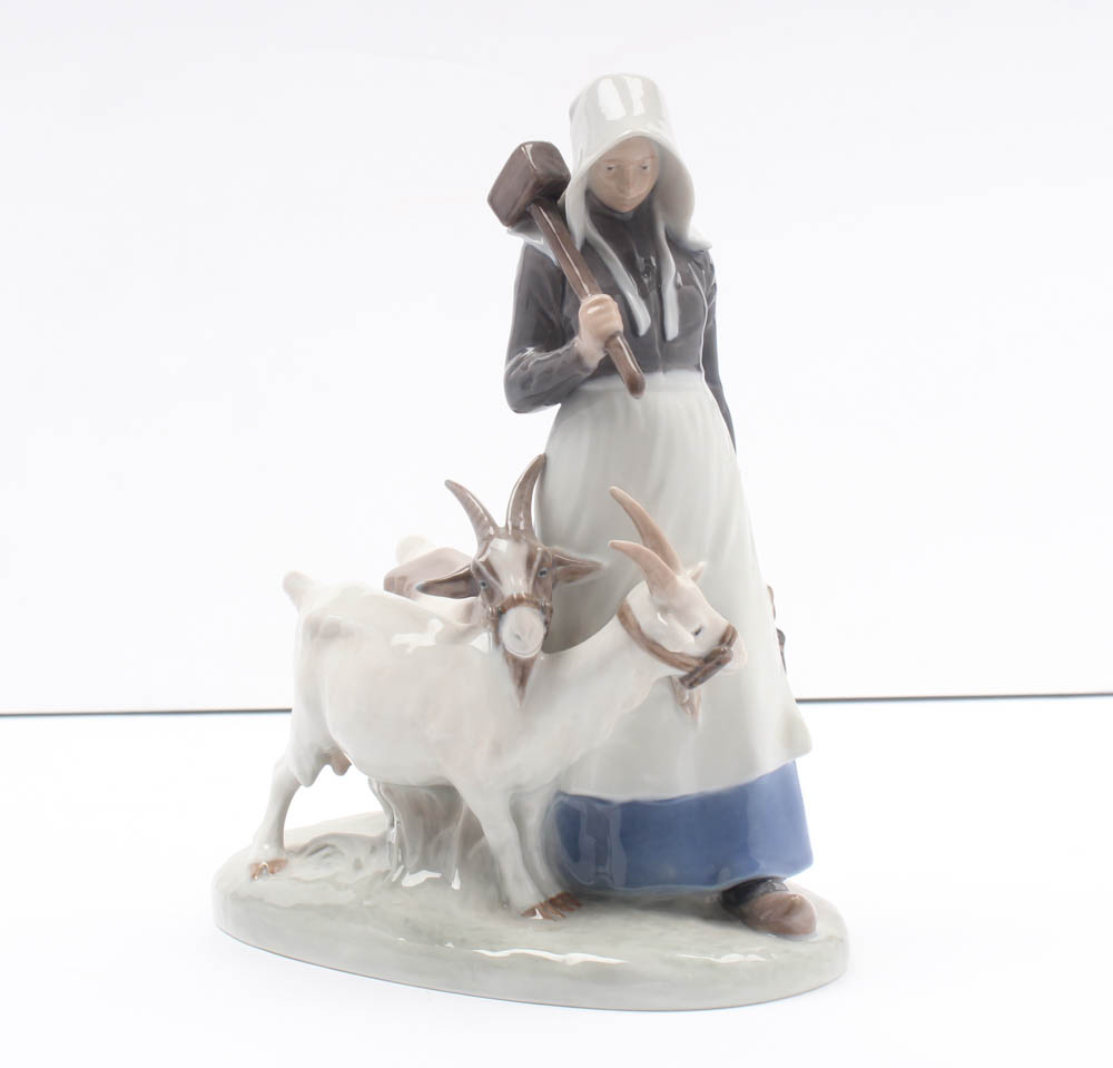 Royal Copenhagen Porcelain Figurines "Girl with Goose" and "Girl with Goats"
