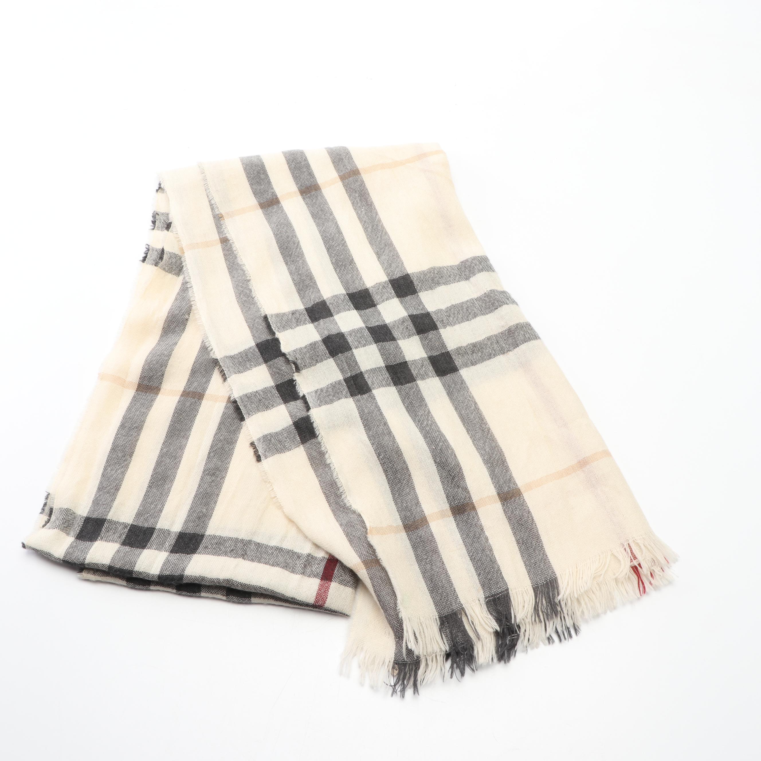 Burberry Giant Check Wool/Silk Blend Gauze Scarf with Fringed Ends