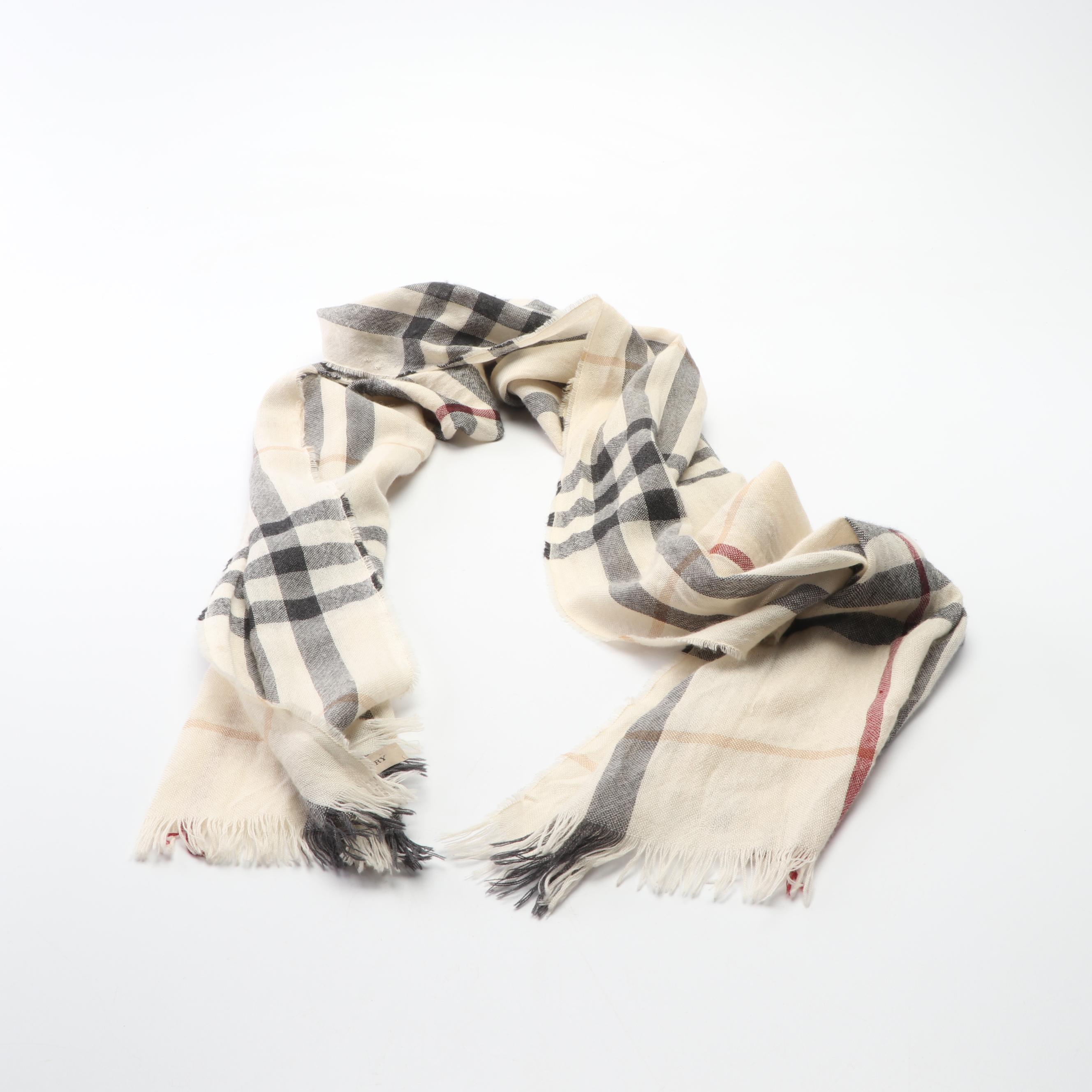 Burberry Giant Check Wool/Silk Blend Gauze Scarf with Fringed Ends