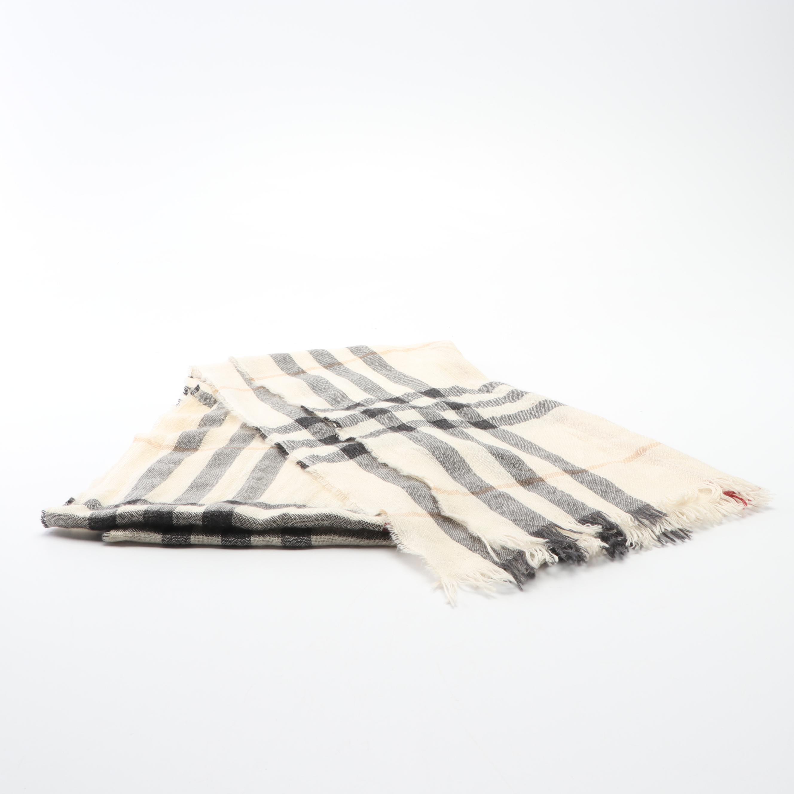 Burberry Giant Check Wool/Silk Blend Gauze Scarf with Fringed Ends