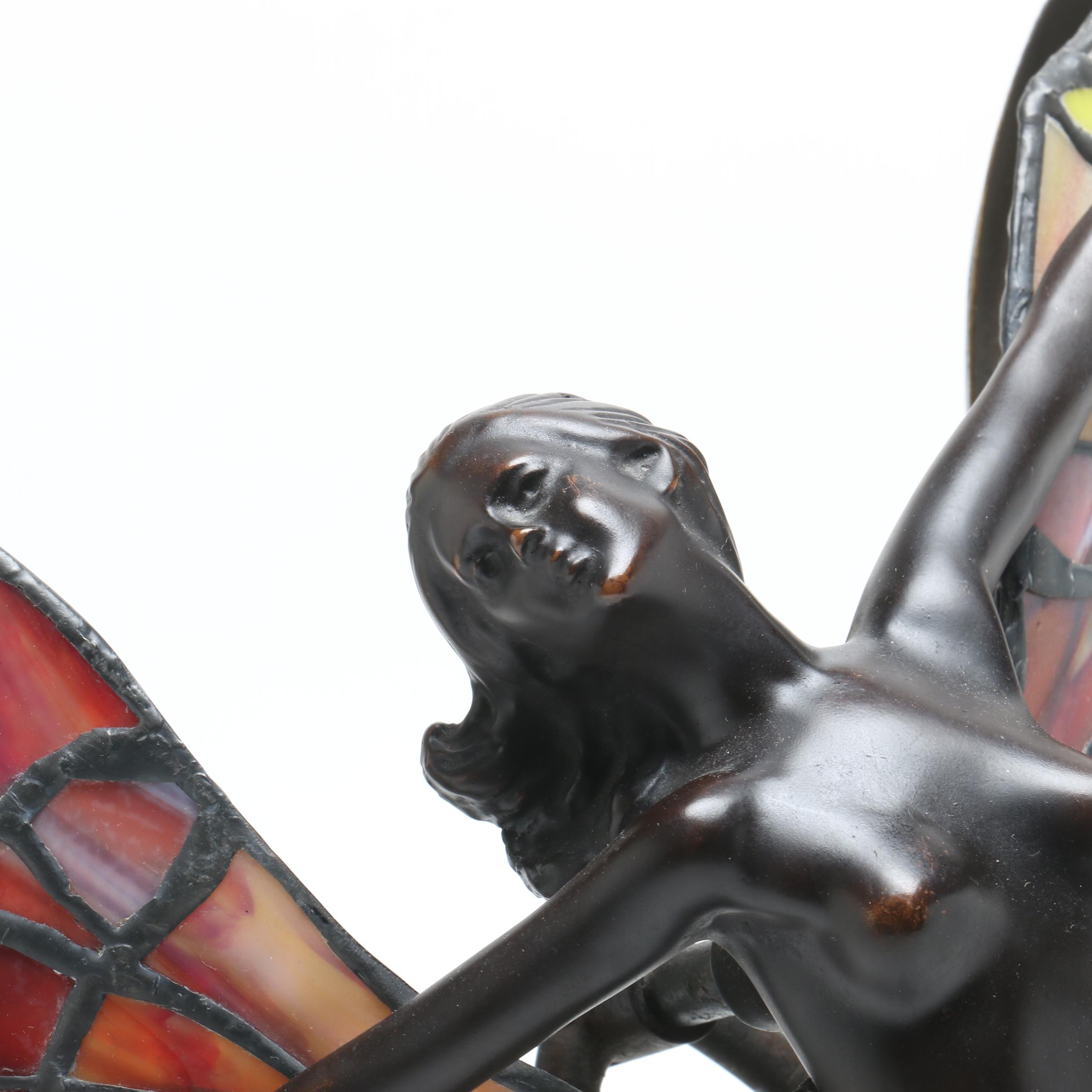Adolf Art Nouveau Stained Glass Fairy Lamp with Bronze Finish and Marble Base