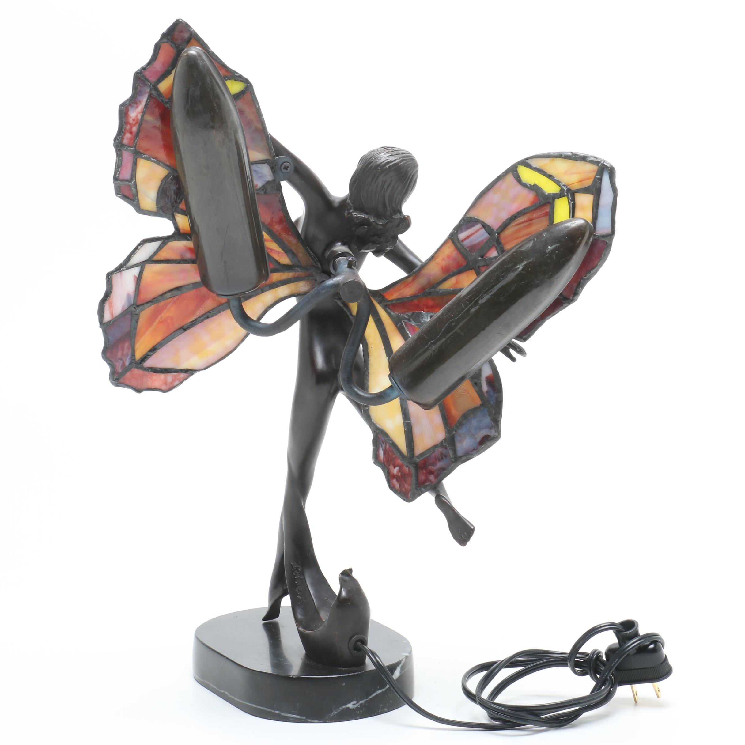 Adolf Art Nouveau Stained Glass Fairy Lamp with Bronze Finish and Marble Base