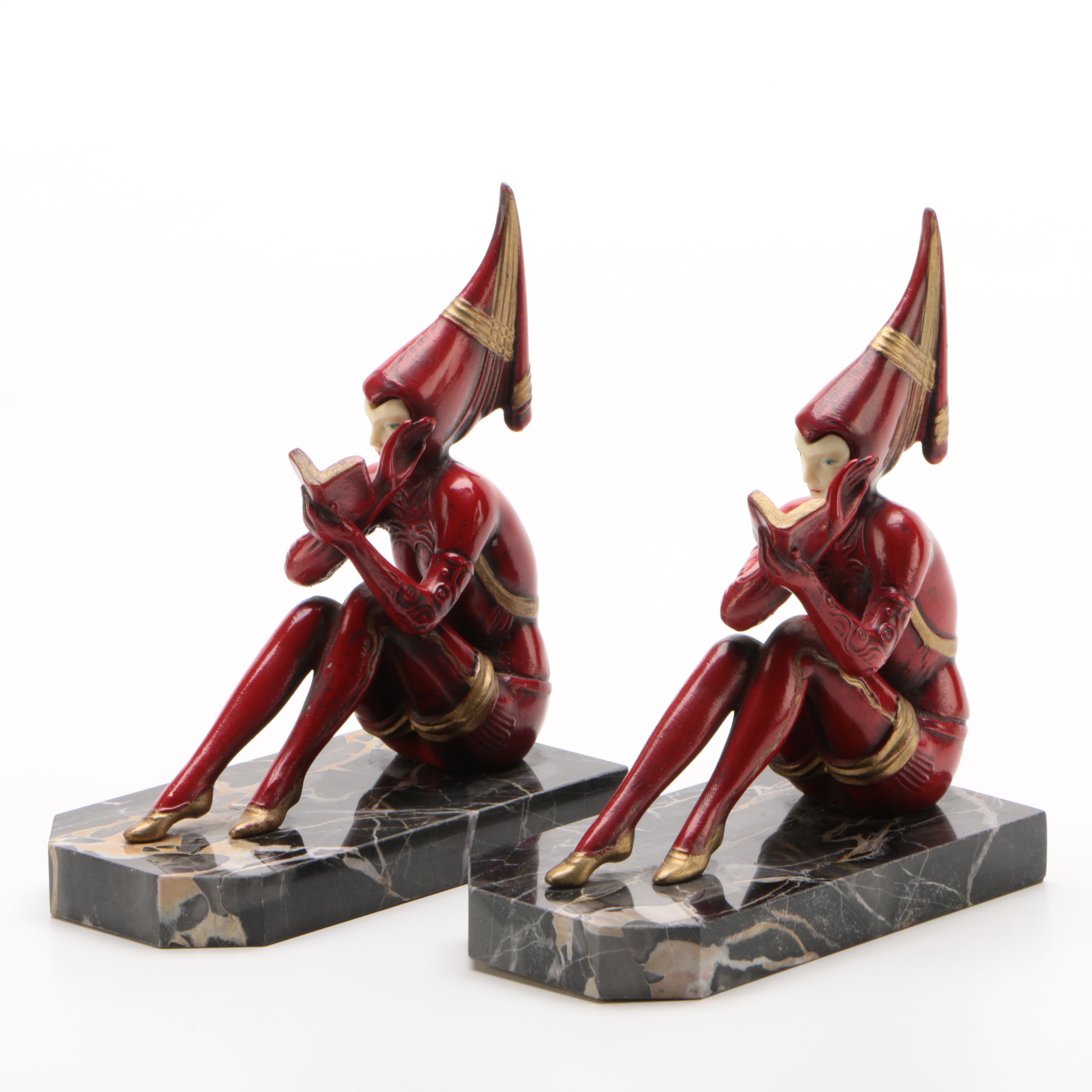 JB Hirsch Painted Metal "Contemplar Pixie Girl" Bookends after Gerdago, 1920s