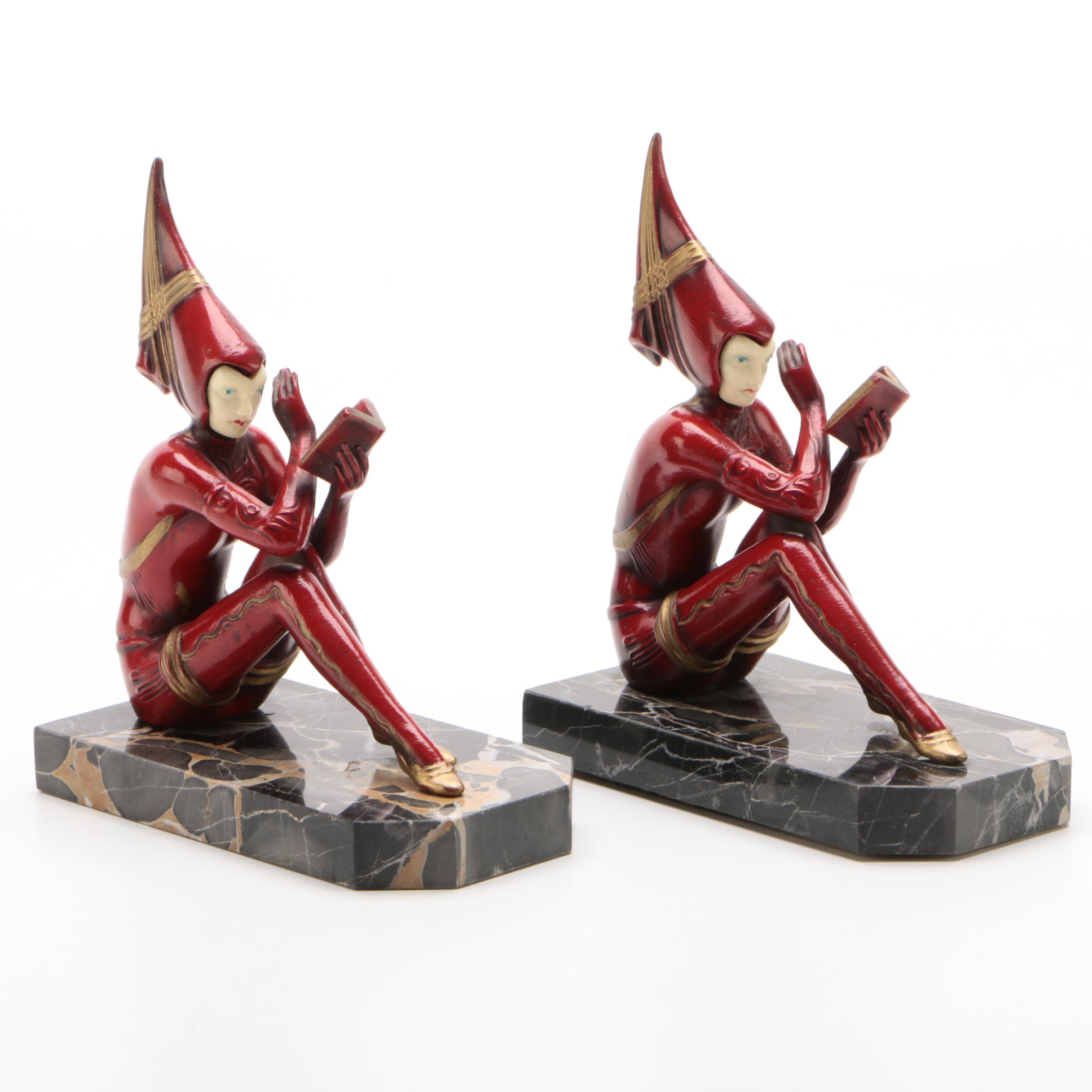 JB Hirsch Painted Metal "Contemplar Pixie Girl" Bookends after Gerdago, 1920s