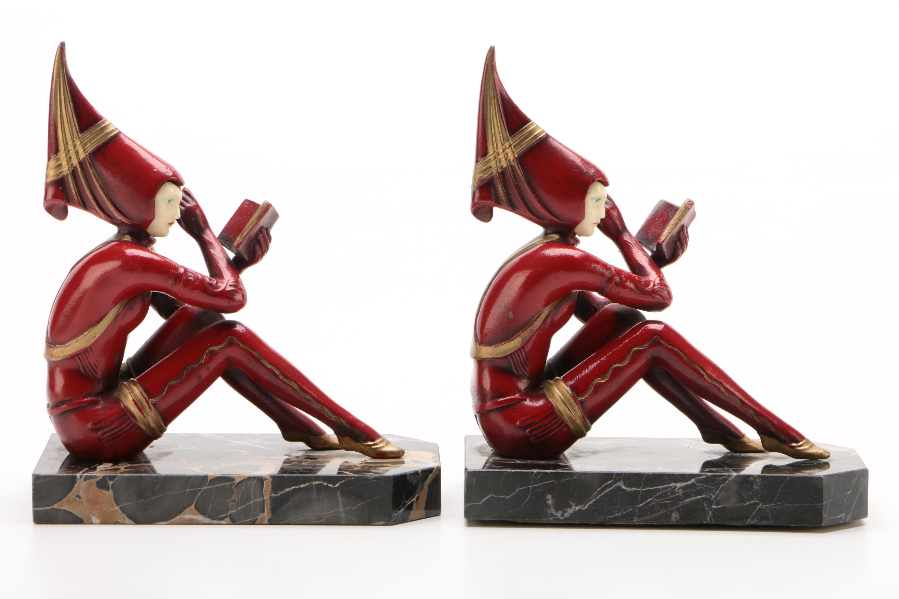 JB Hirsch Painted Metal "Contemplar Pixie Girl" Bookends after Gerdago, 1920s