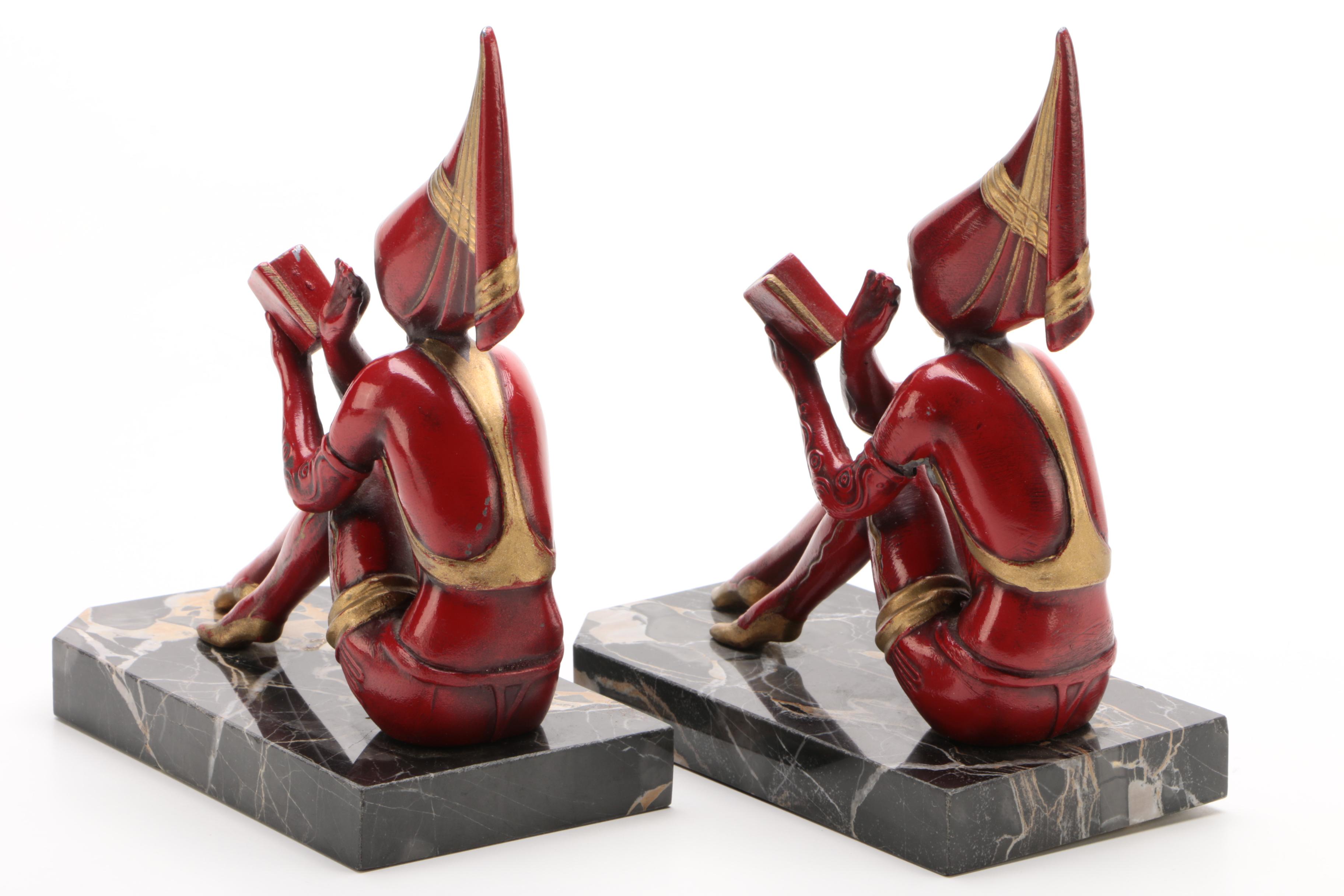 JB Hirsch Painted Metal "Contemplar Pixie Girl" Bookends after Gerdago, 1920s