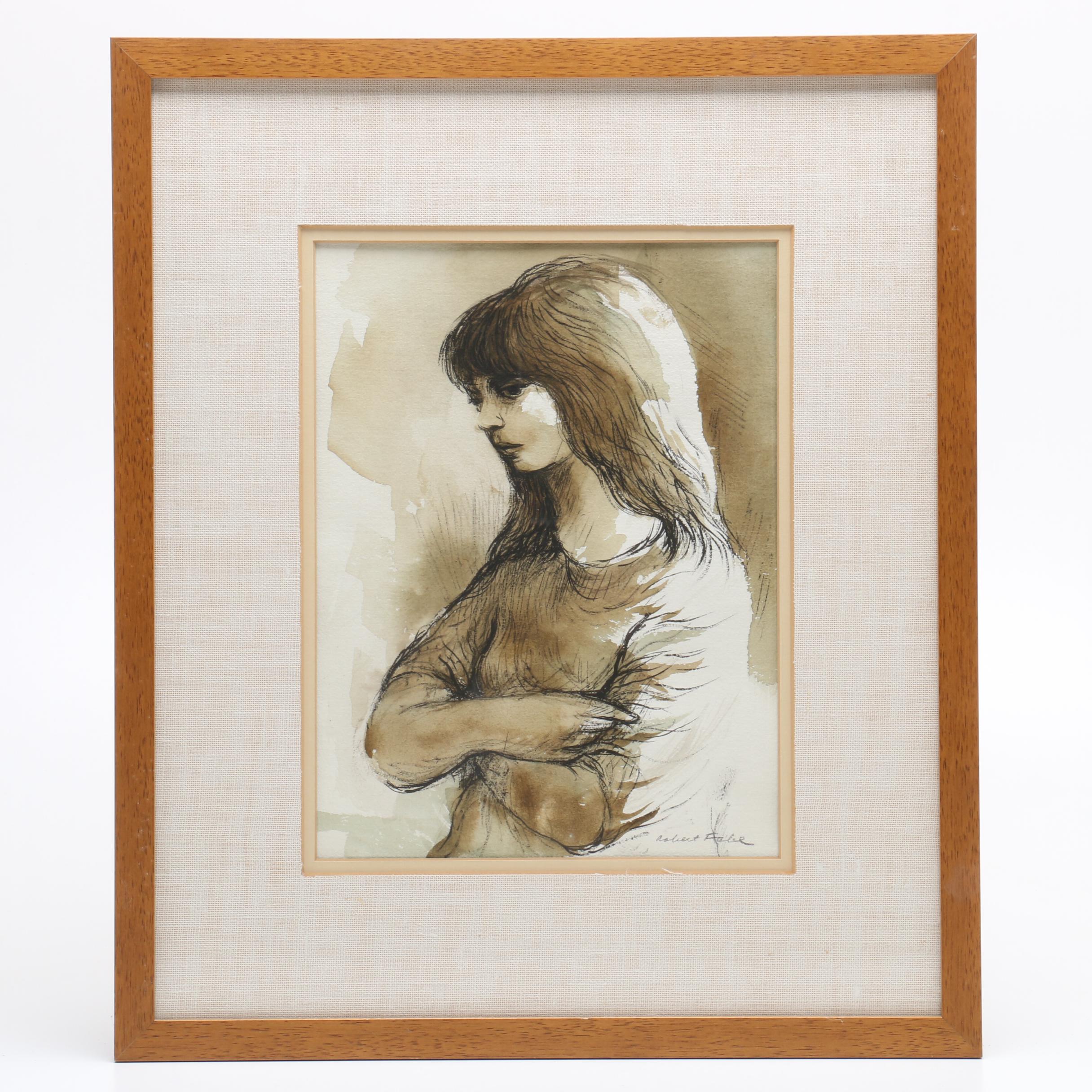 Robert Fabe Ink and Watercolor Drawing of Young Girl
