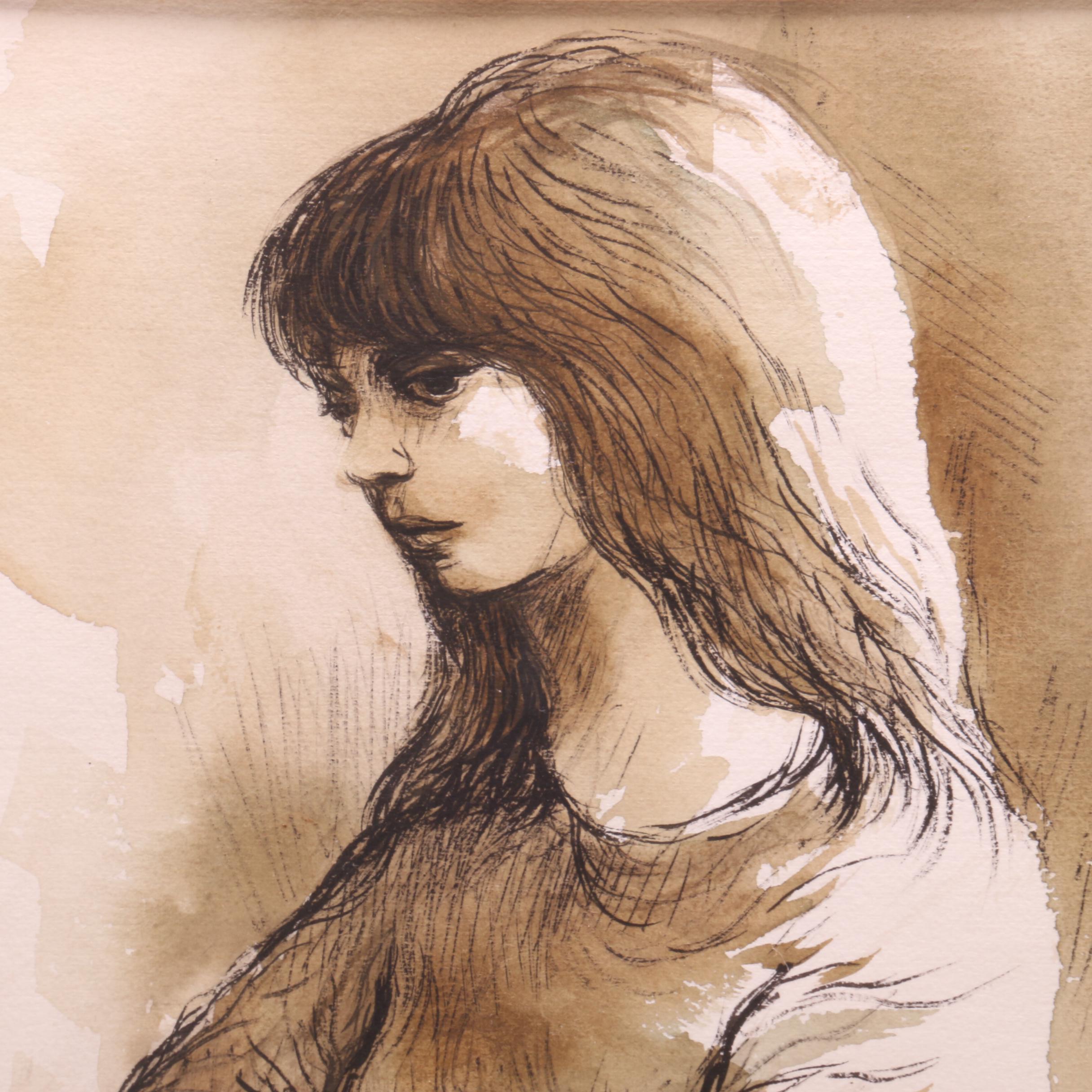 Robert Fabe Ink and Watercolor Drawing of Young Girl