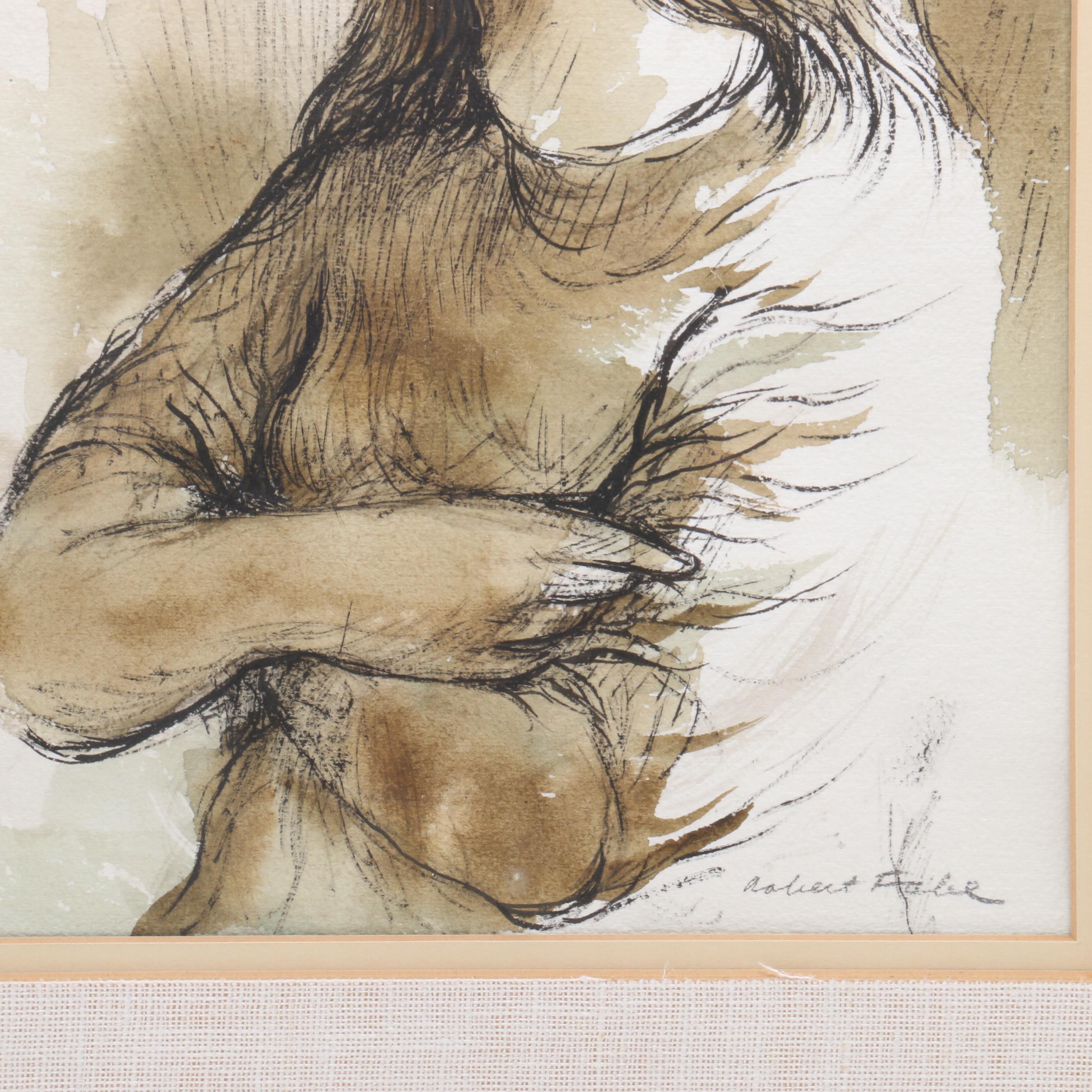 Robert Fabe Ink and Watercolor Drawing of Young Girl