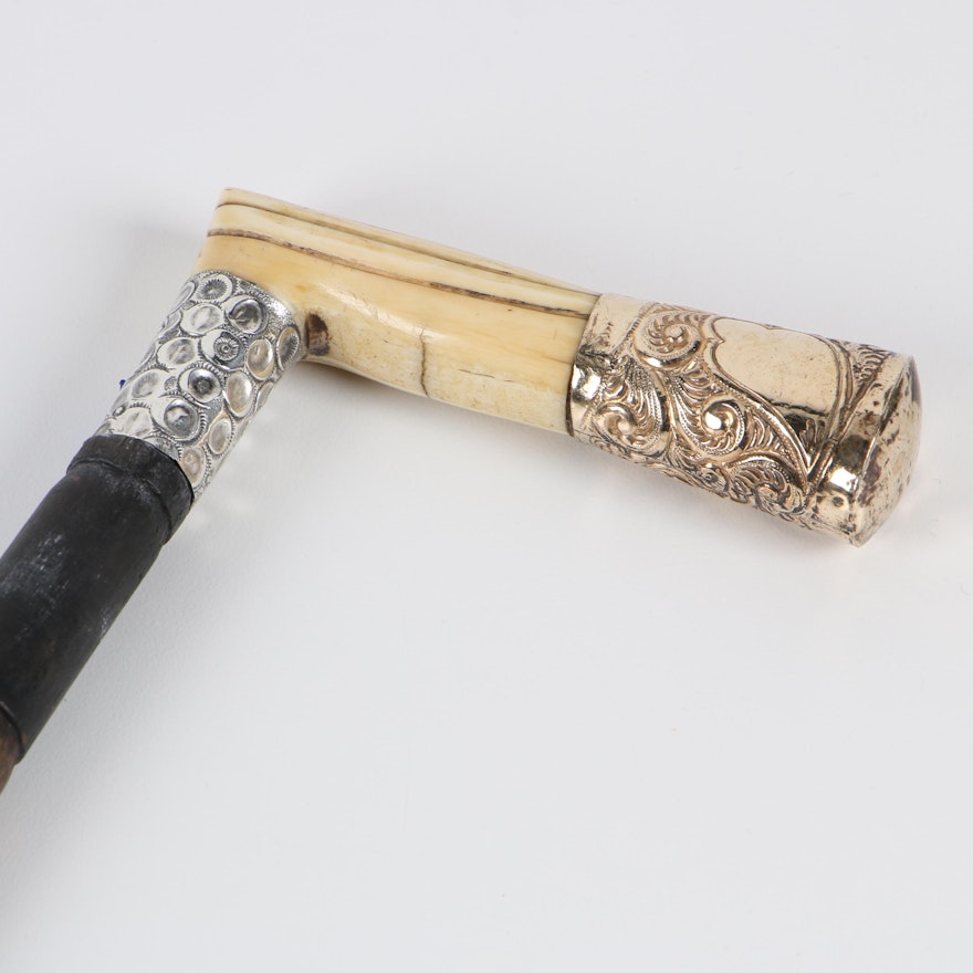 Sterling, Bone, and Gold-Plated L-Handle Faux Bamboo Cane