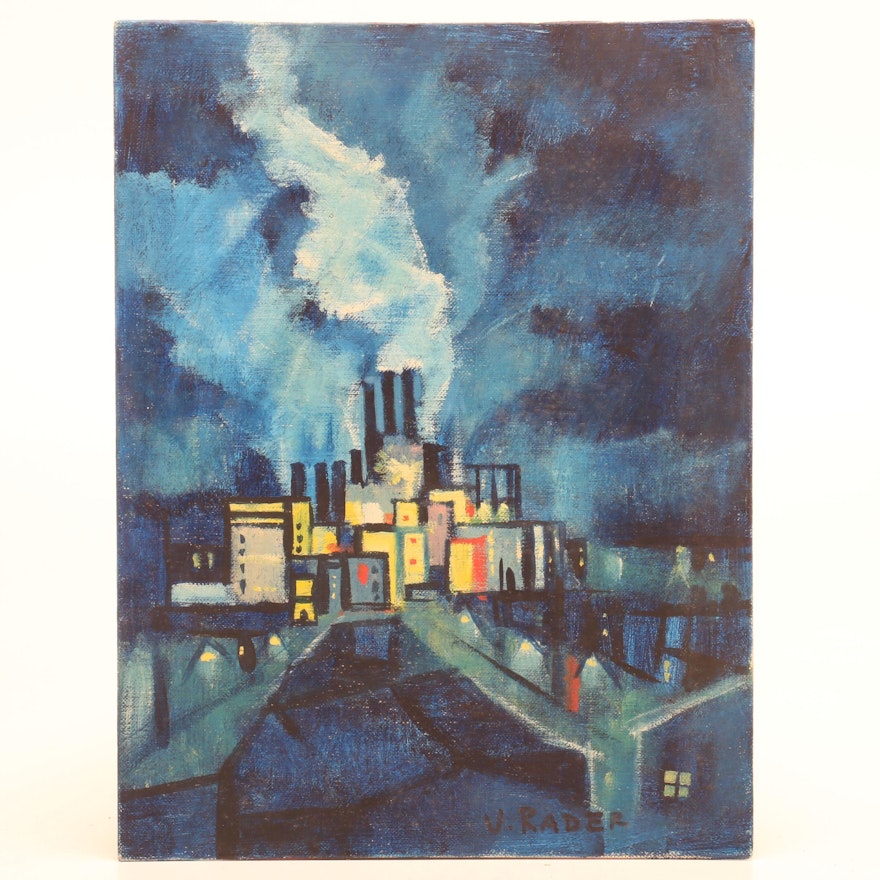 V. Rader Surrealist Style Citiscape Oil Painting
