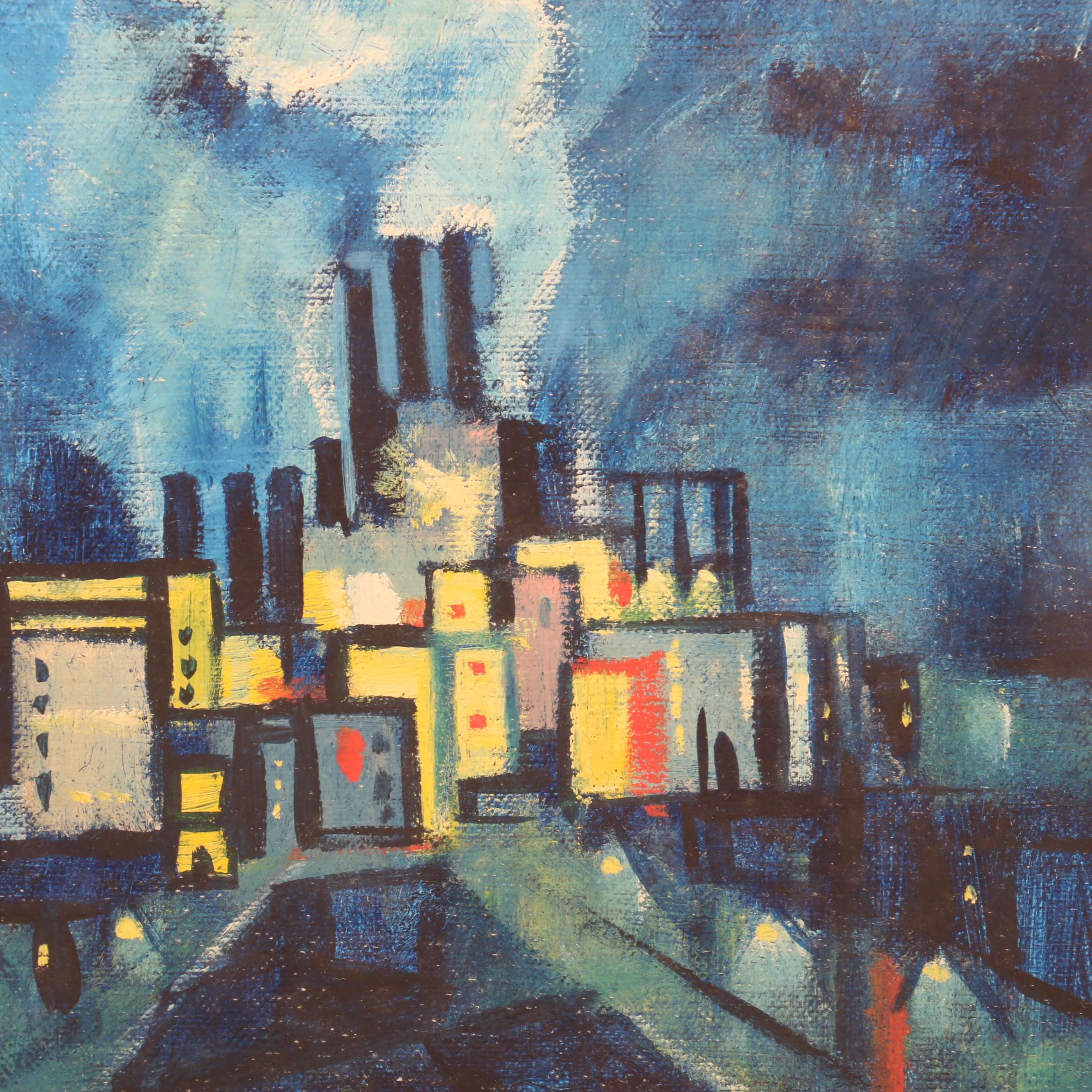V. Rader Surrealist Style Citiscape Oil Painting
