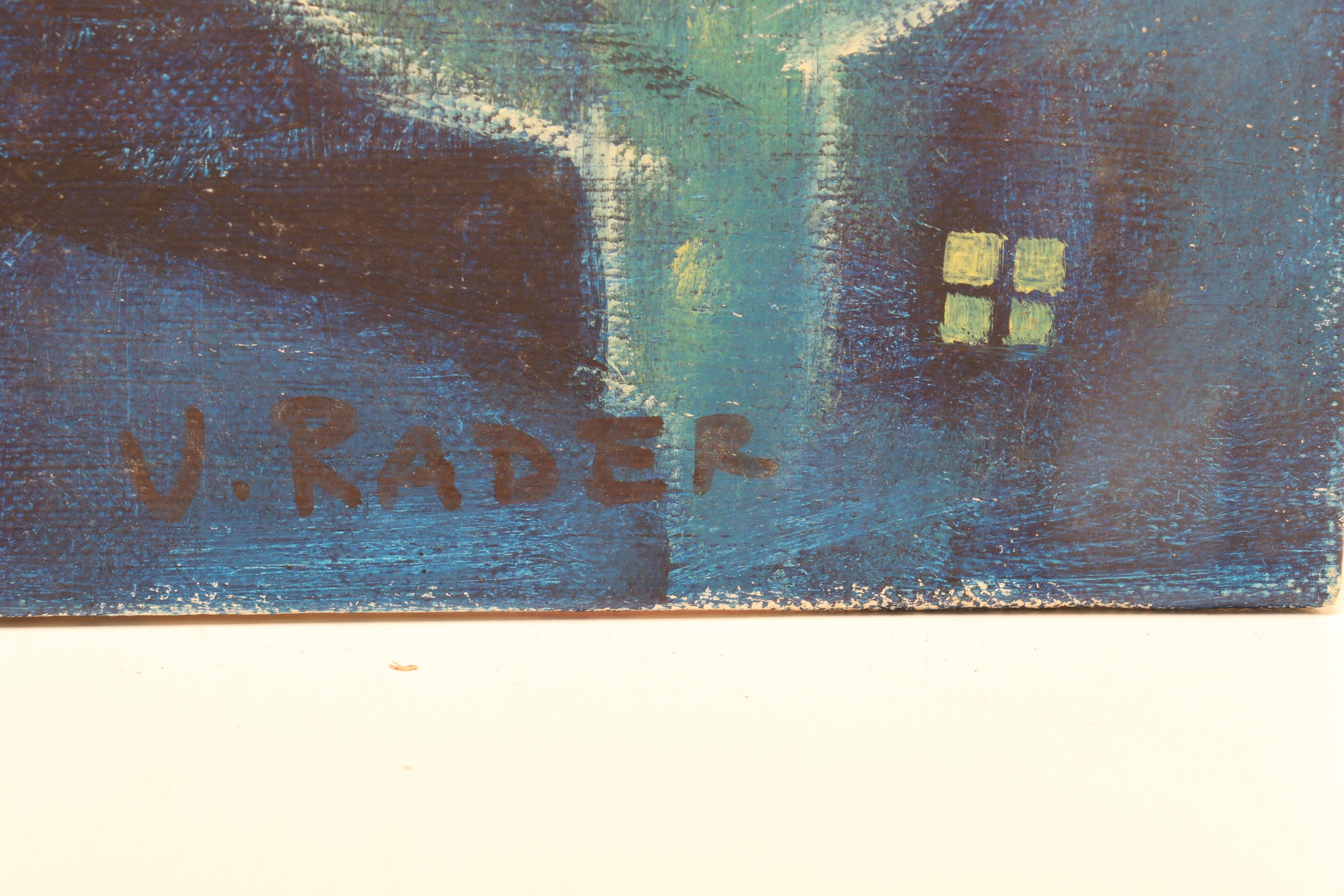 V. Rader Surrealist Style Citiscape Oil Painting