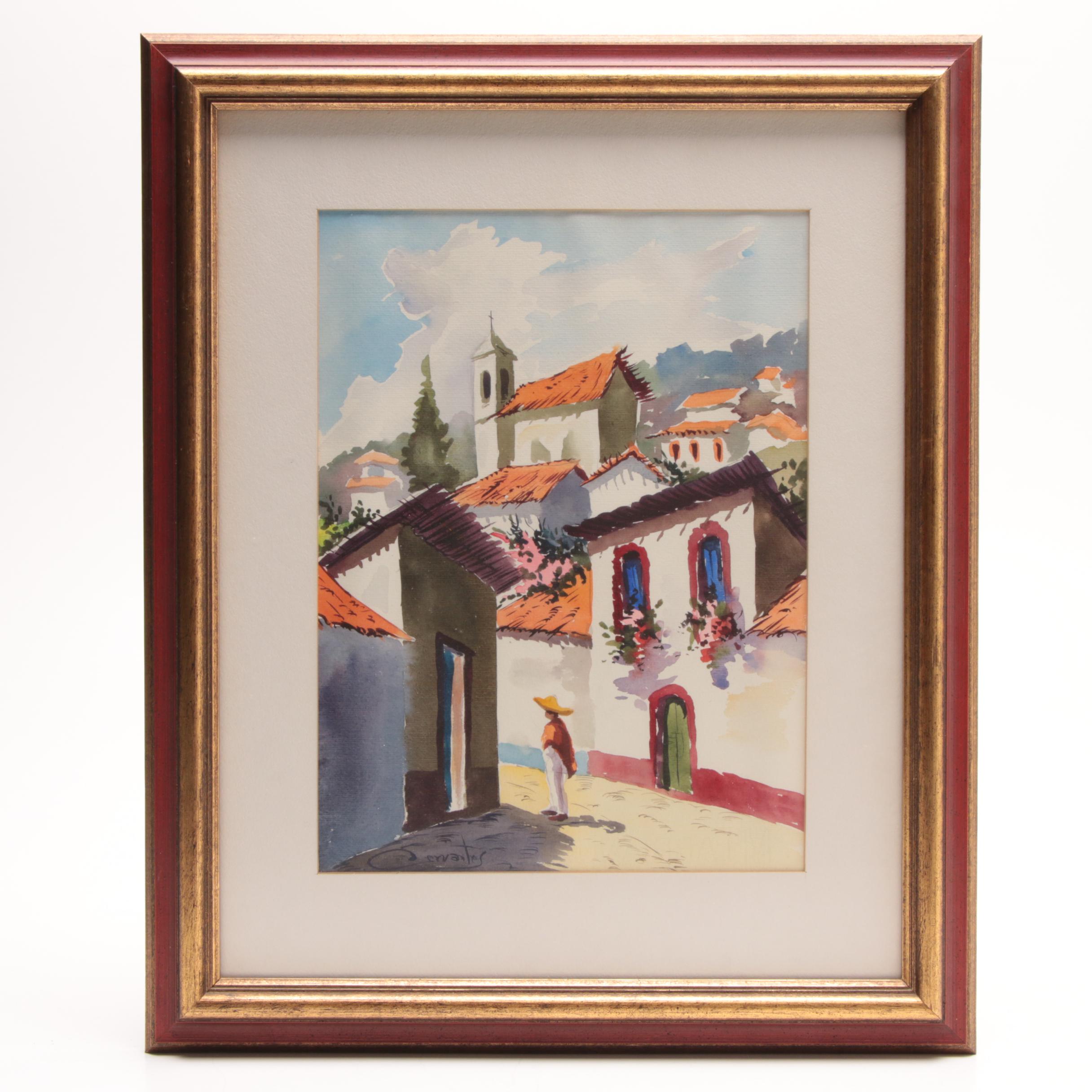 Cervantes Watercolor Painting of South American Townscape