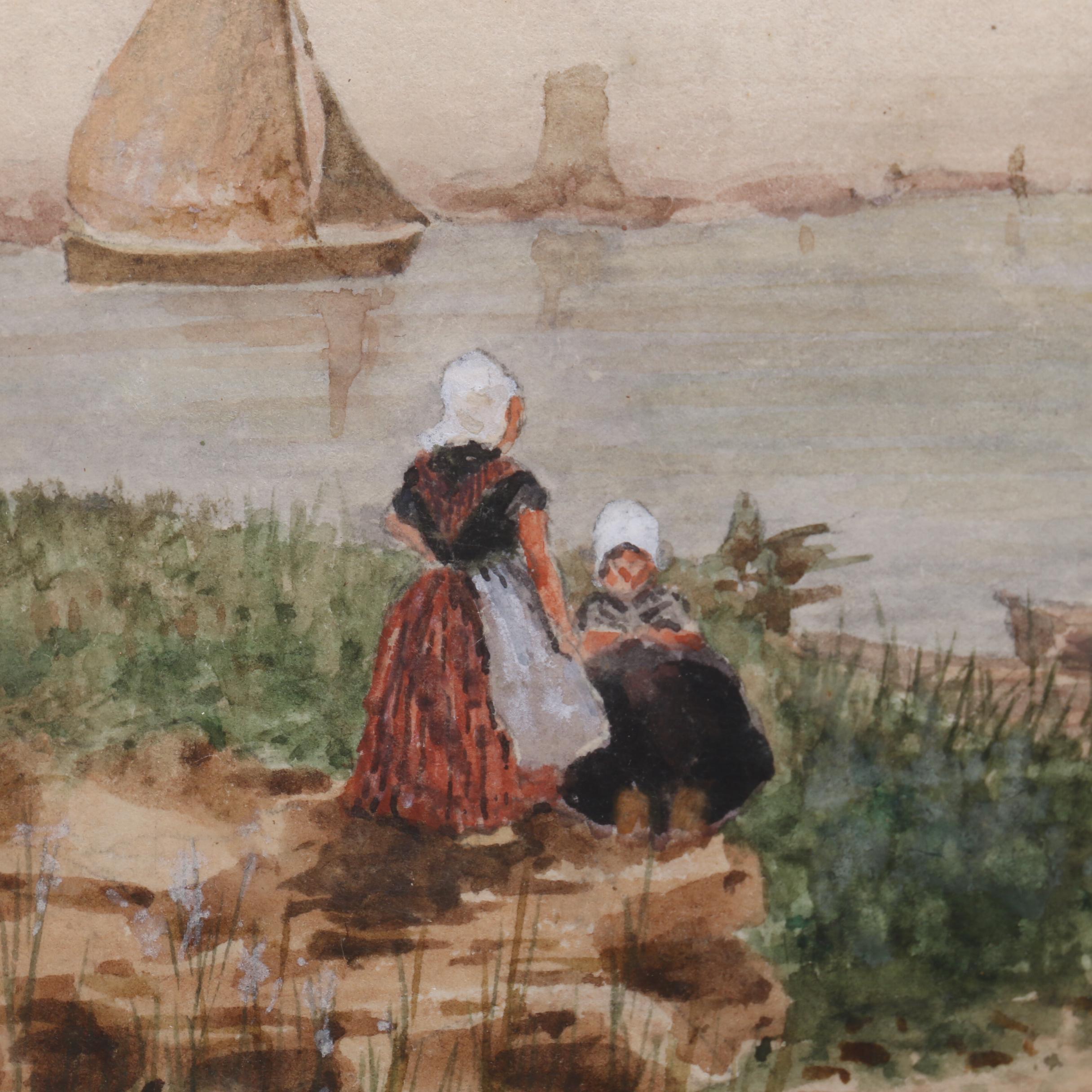 Watercolor Painting of Dutch Scene with Windmill