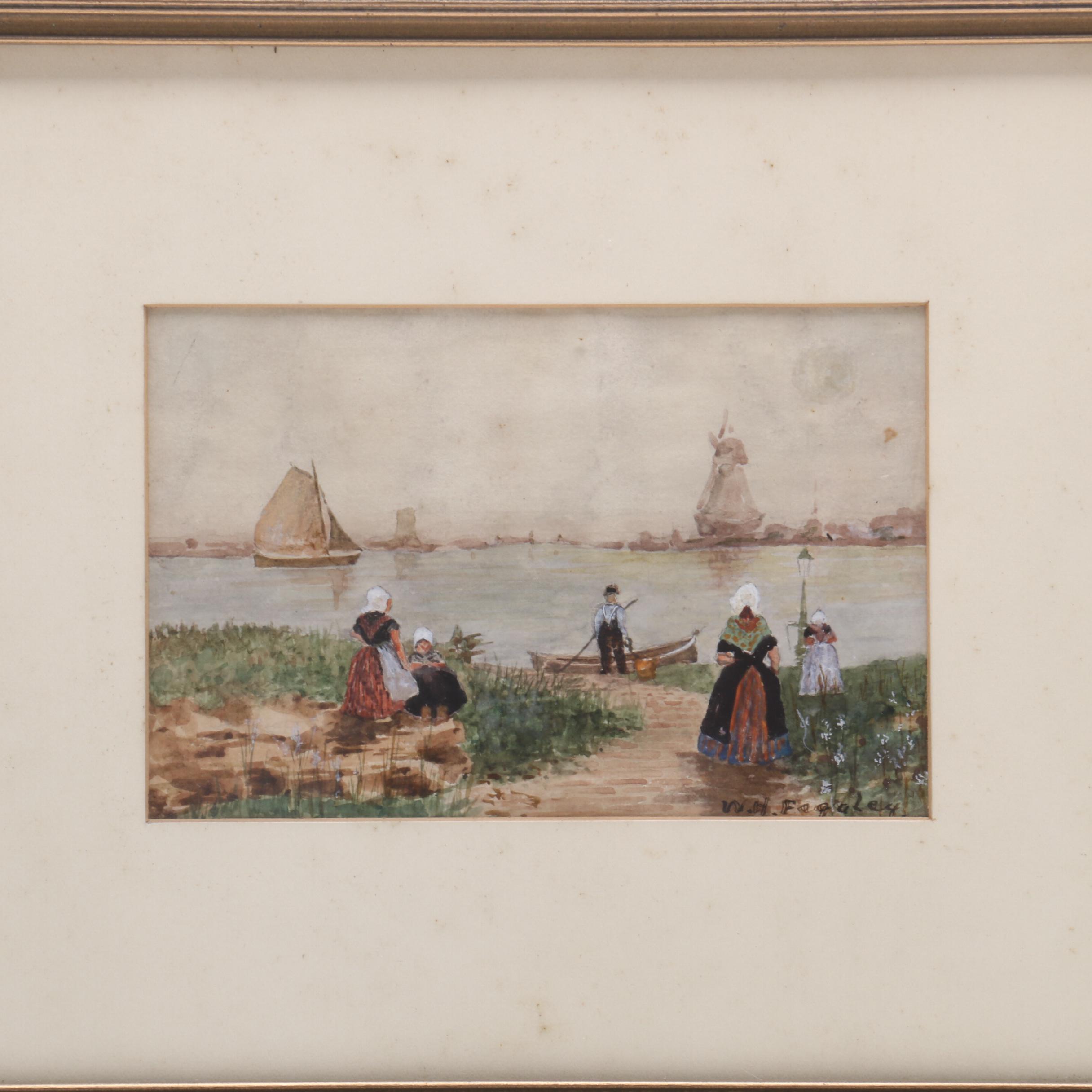 Watercolor Painting of Dutch Scene with Windmill