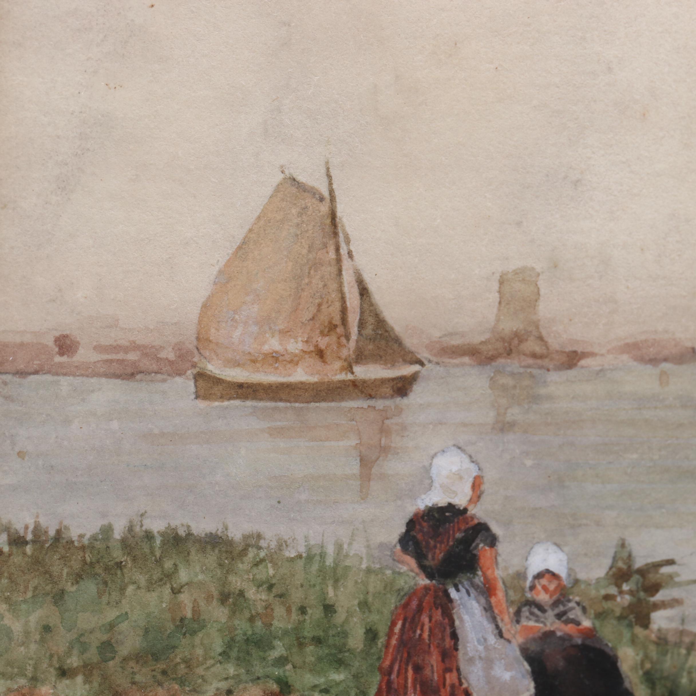 Watercolor Painting of Dutch Scene with Windmill