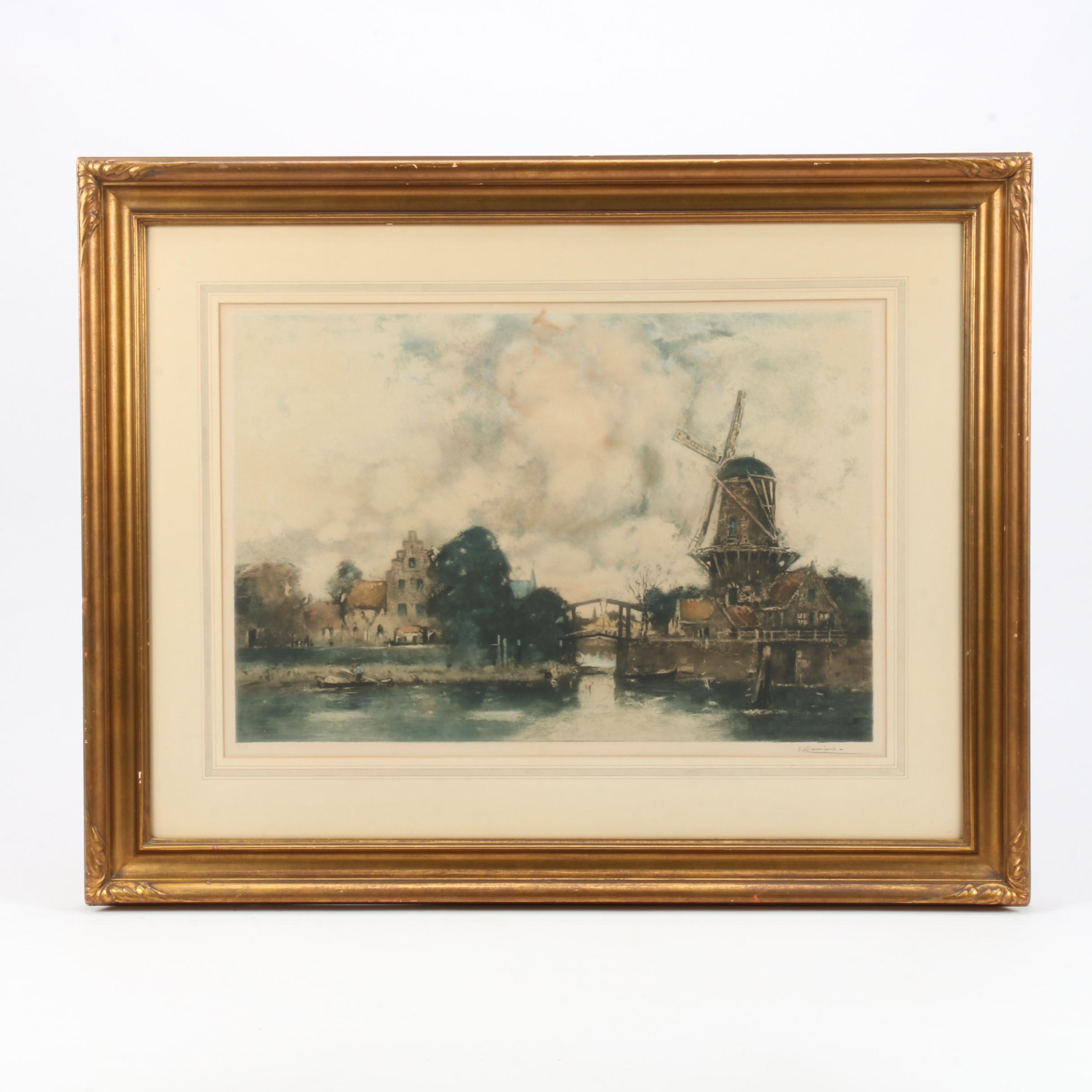 Hand-colored Mezzotint of Canal Scene with Windmill