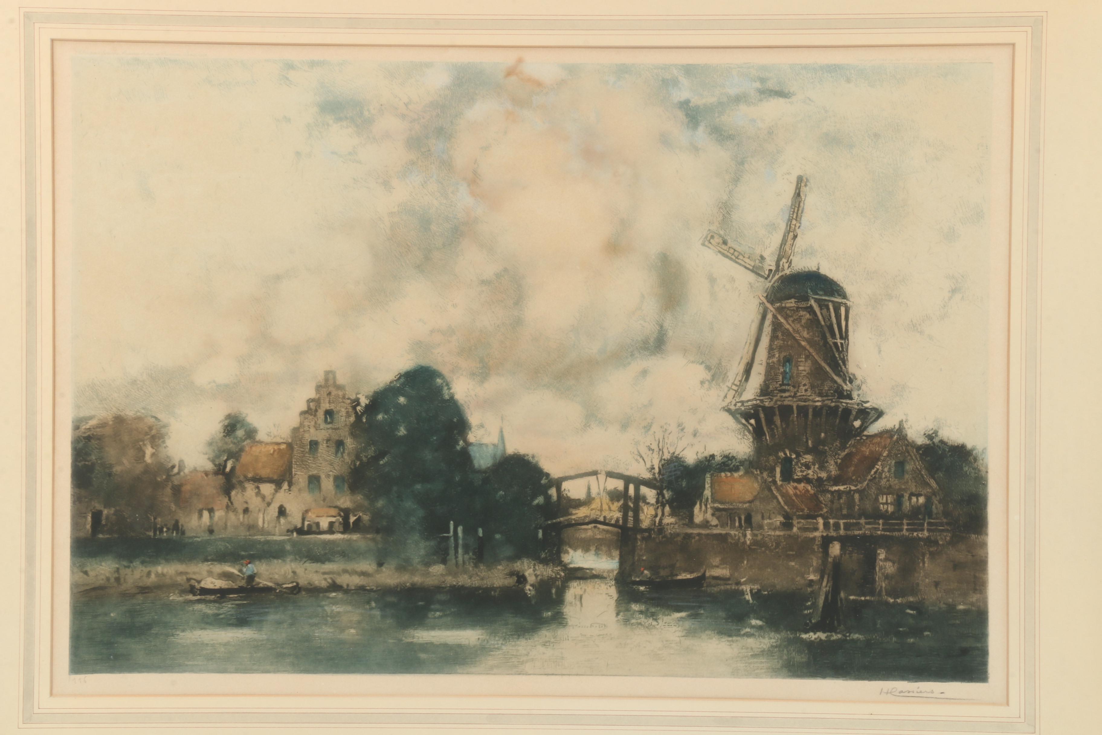 Hand-colored Mezzotint of Canal Scene with Windmill