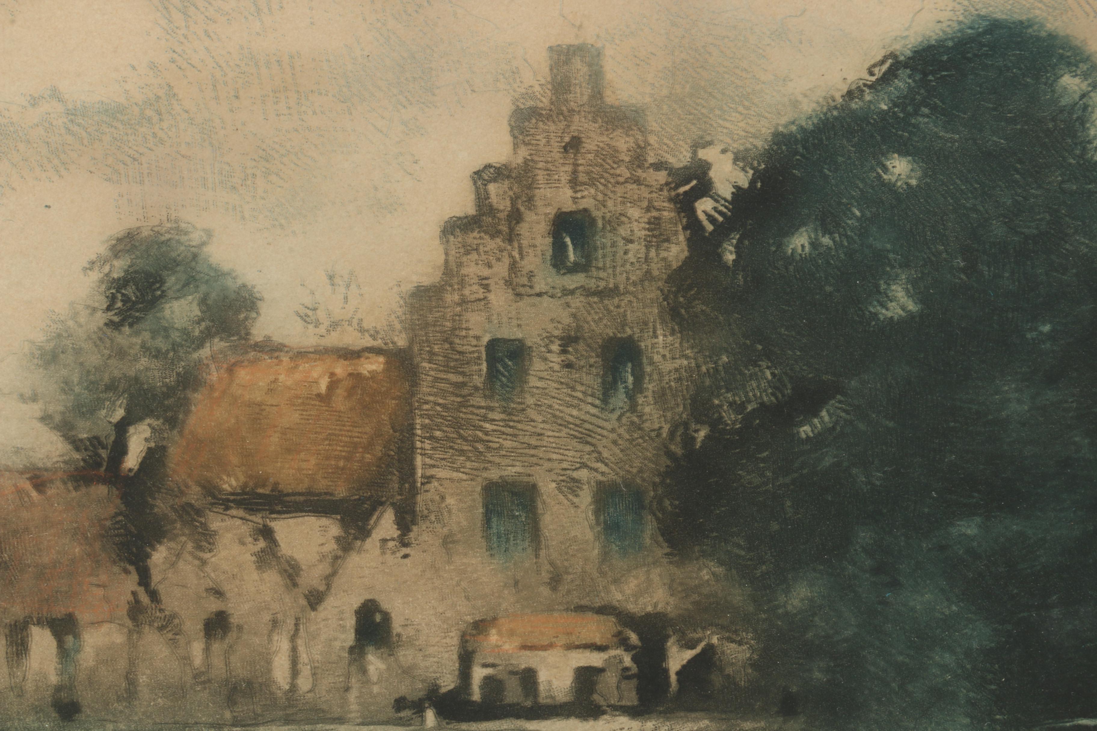 Hand-colored Mezzotint of Canal Scene with Windmill