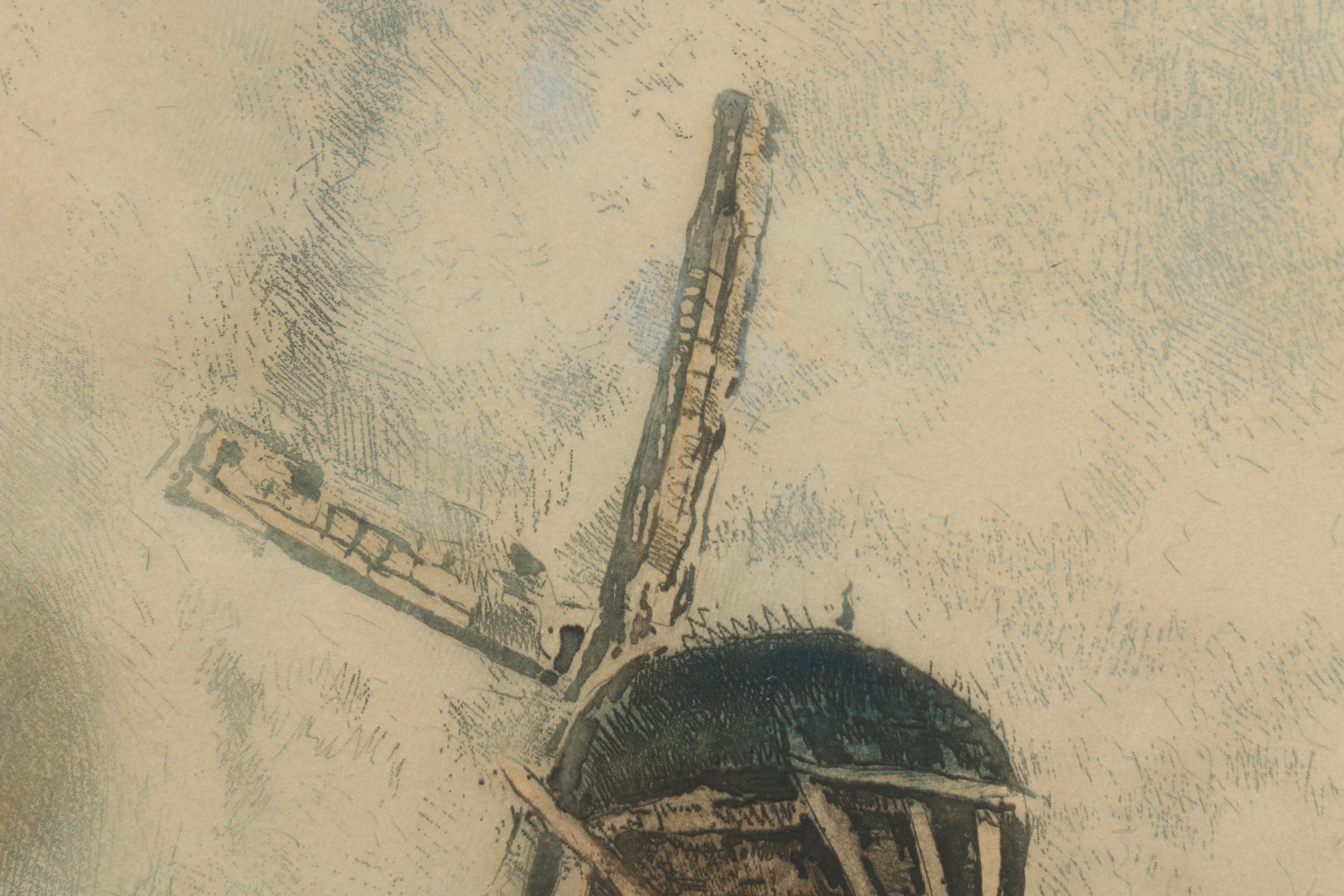 Hand-colored Mezzotint of Canal Scene with Windmill