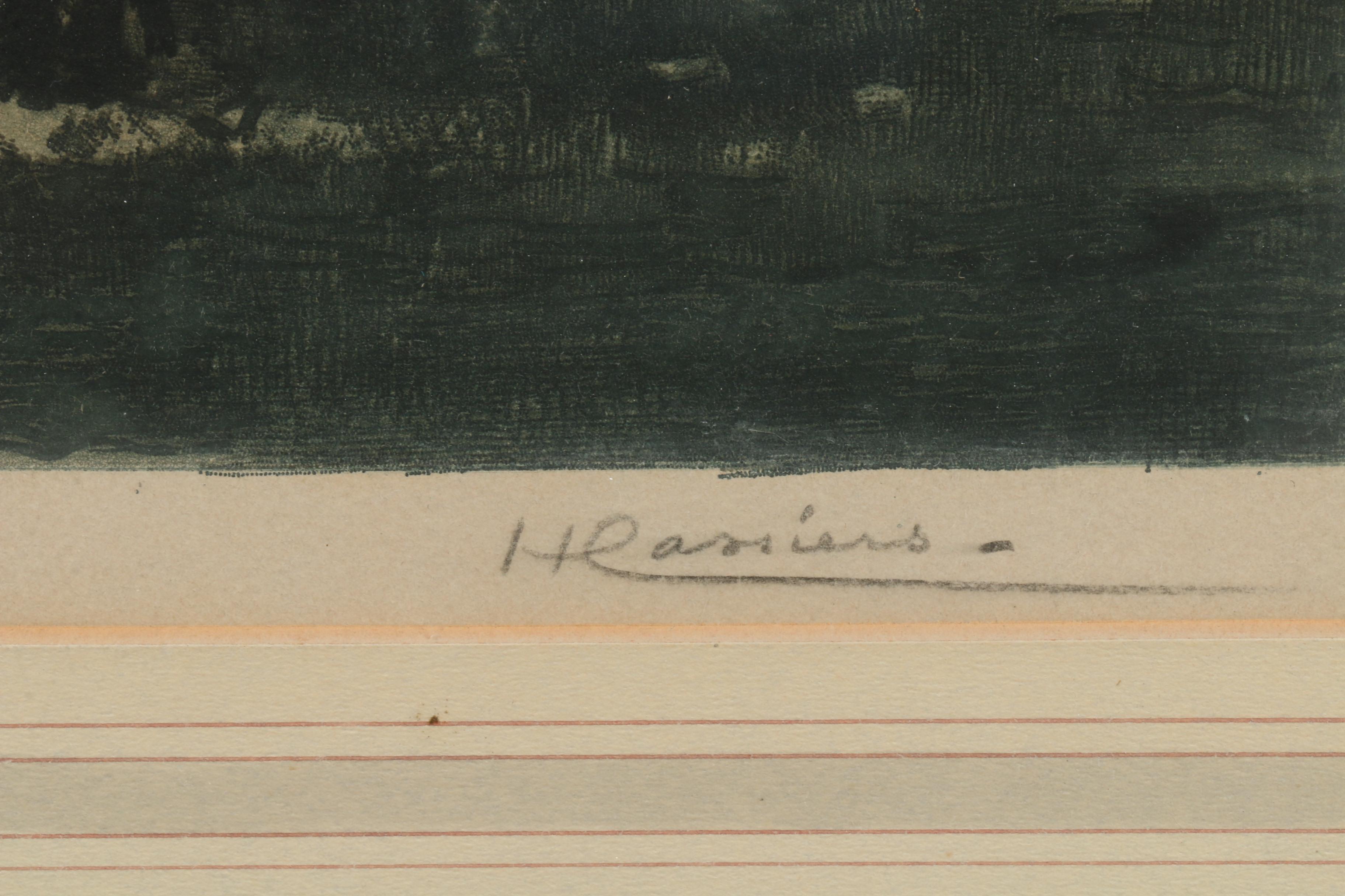 Hand-colored Mezzotint of Canal Scene with Windmill