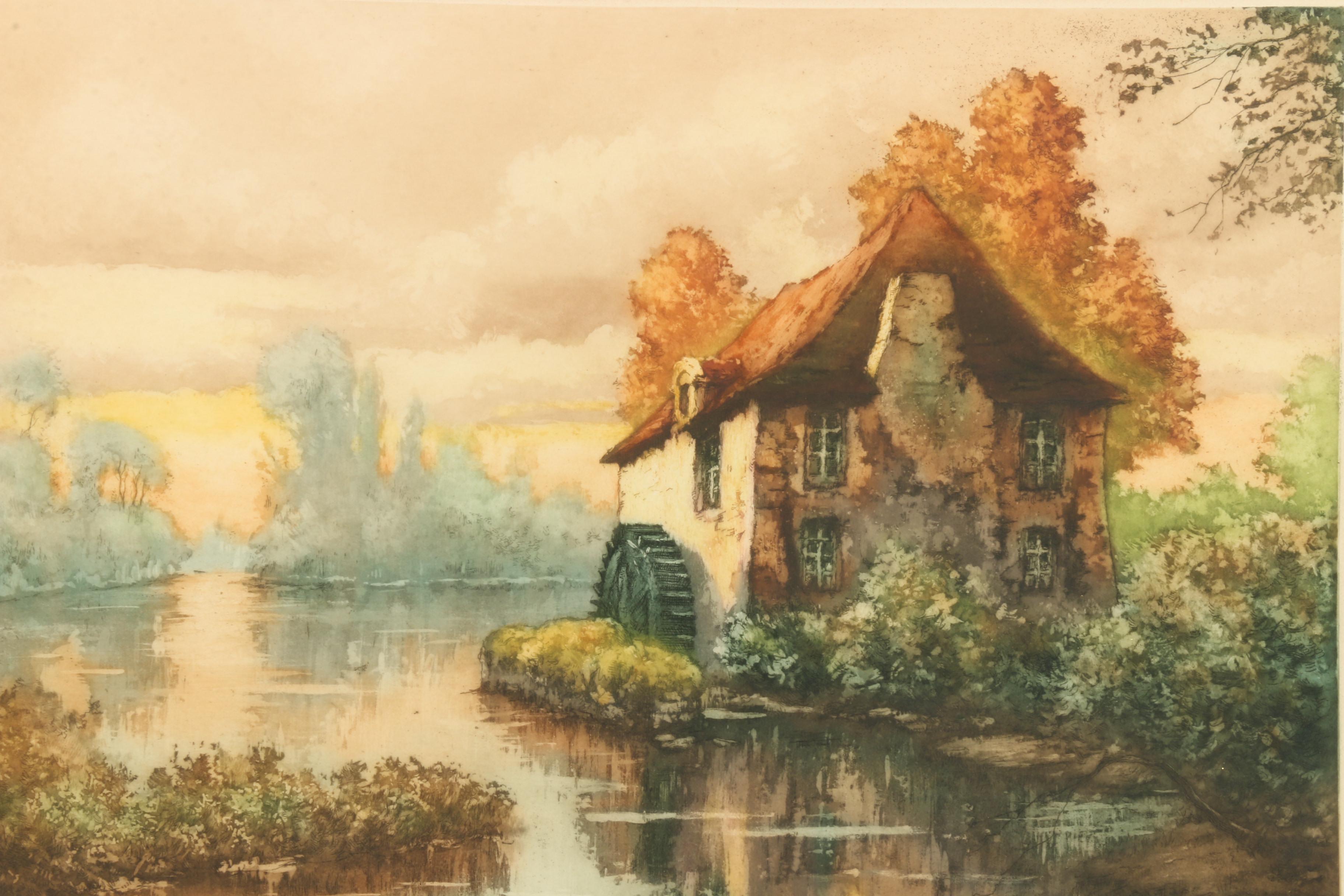20th Century Aquatint with Etching of Landscape with Mill