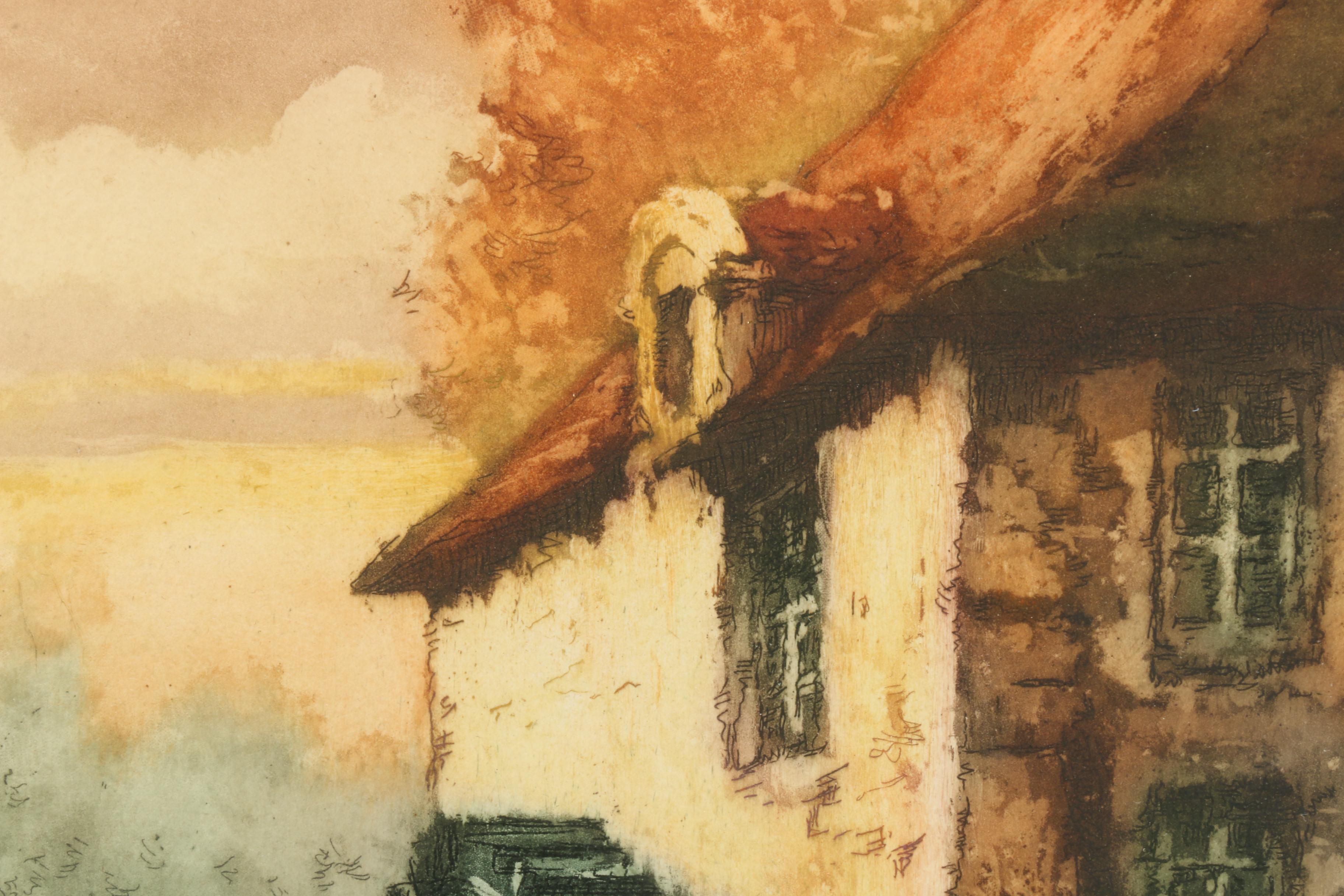 20th Century Aquatint with Etching of Landscape with Mill