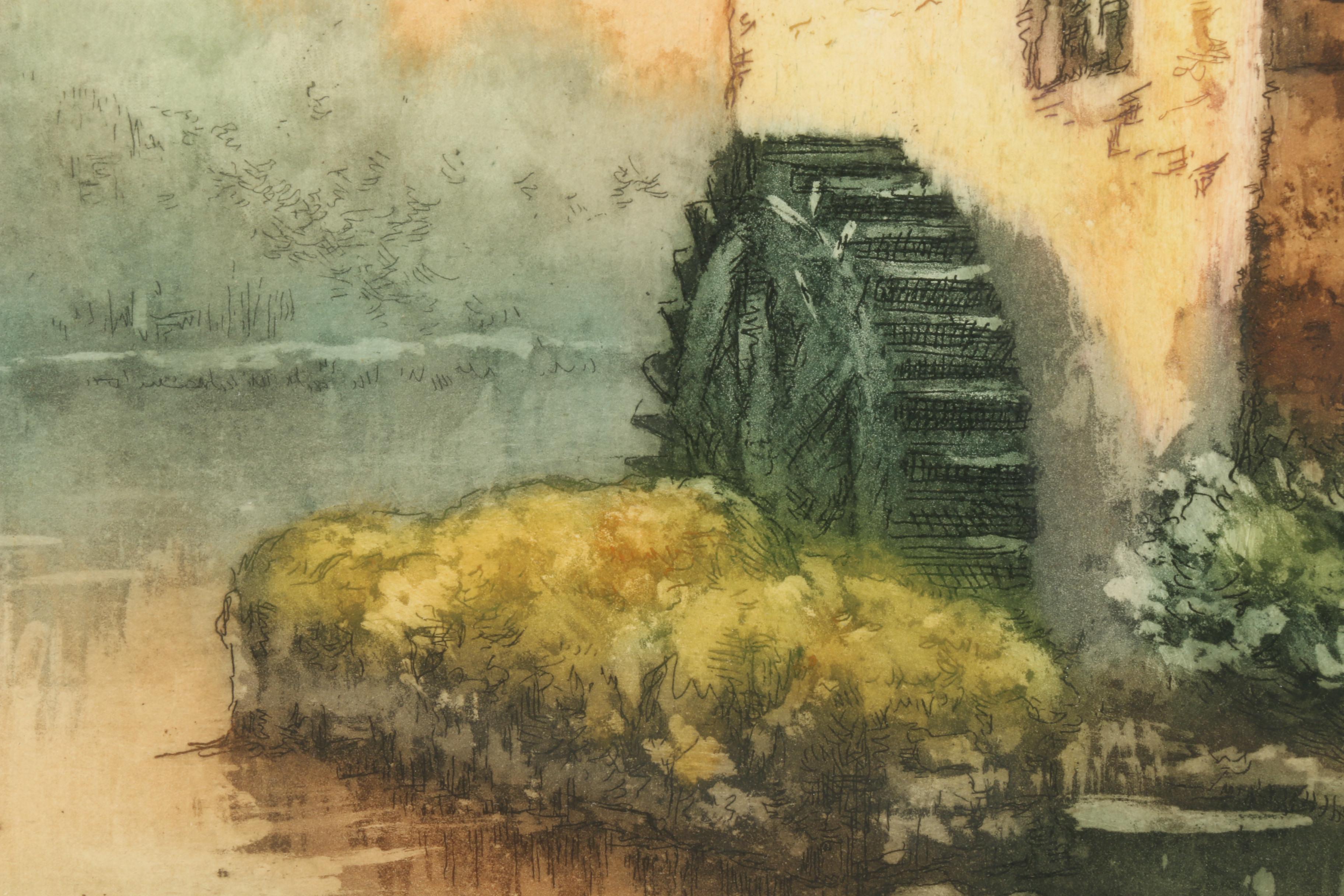 20th Century Aquatint with Etching of Landscape with Mill