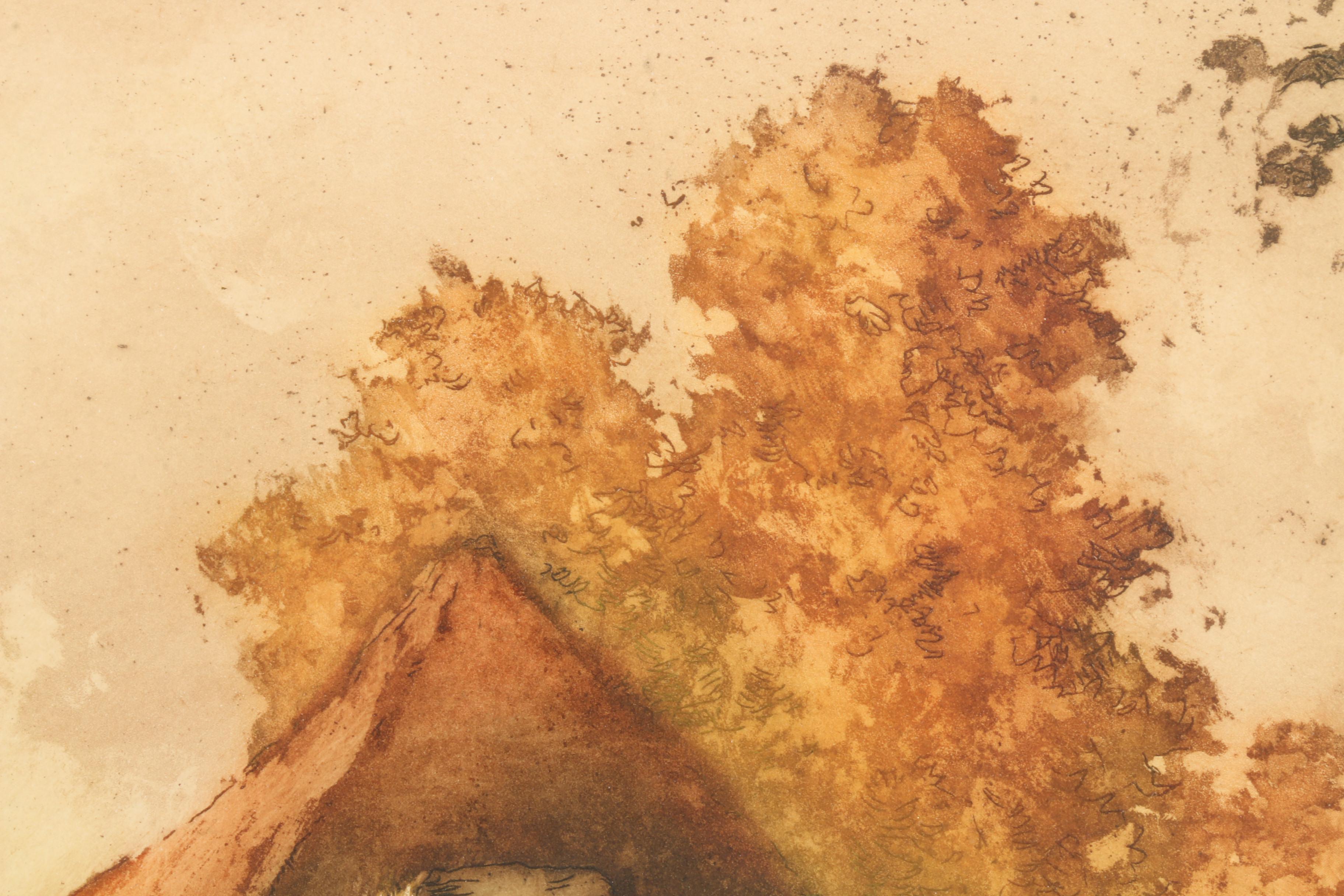 20th Century Aquatint with Etching of Landscape with Mill