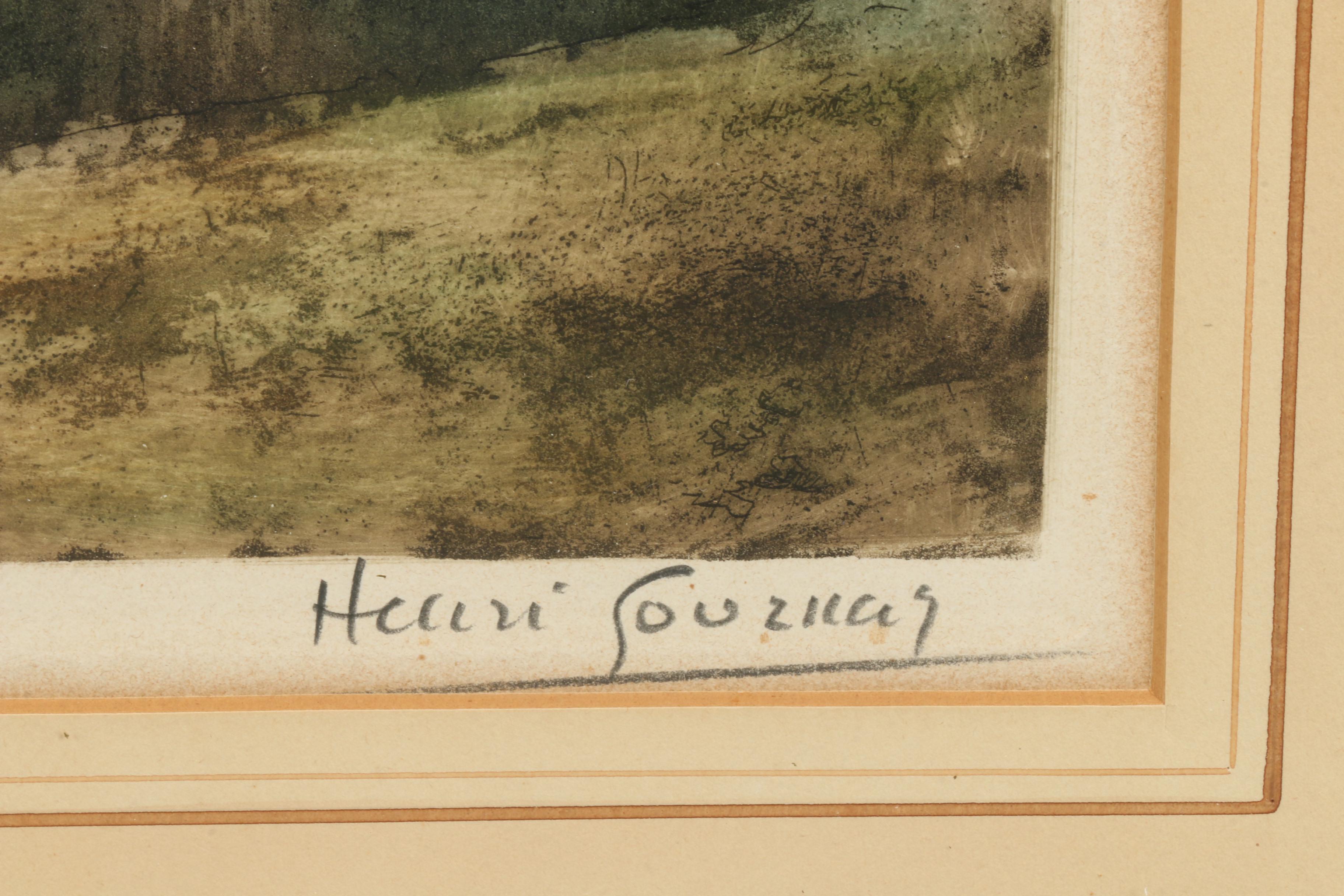 20th Century Aquatint with Etching of Landscape with Mill