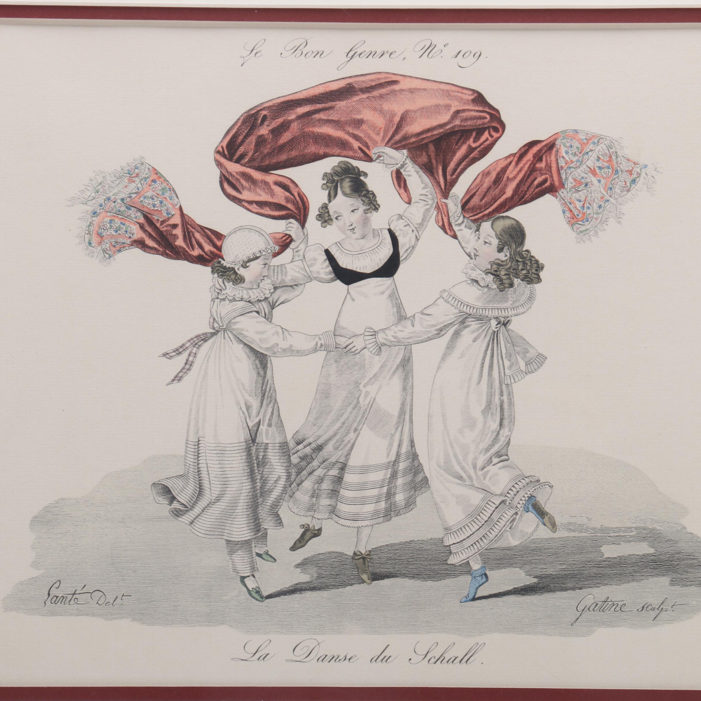Hand Colored Intaglio Print "Le Bon Genre, No. 109 La Danse du Schall"