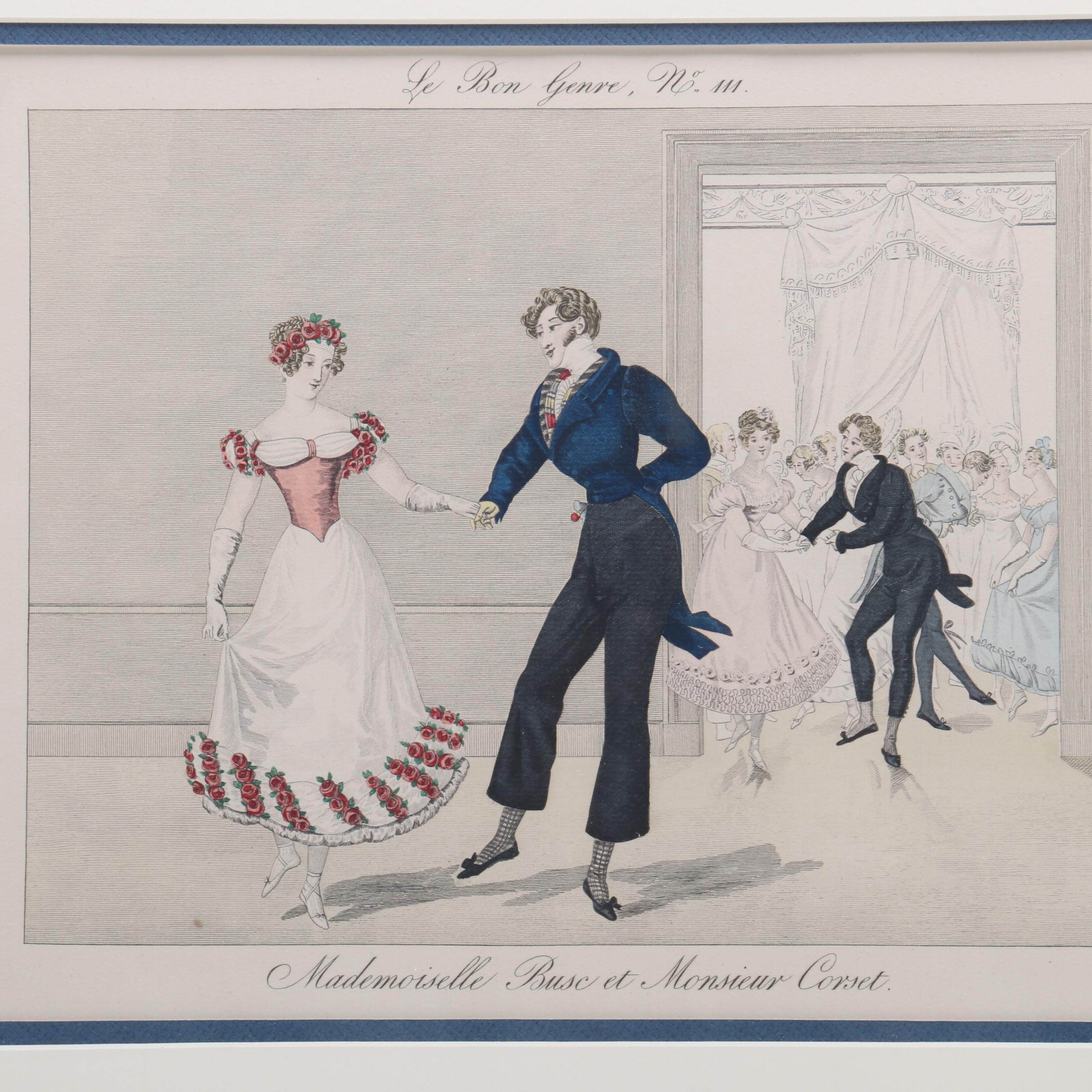 Hand Colored Intaglio Print "Le Bon Genre, No. 111 Mademoiselle Busc et Monsieu"