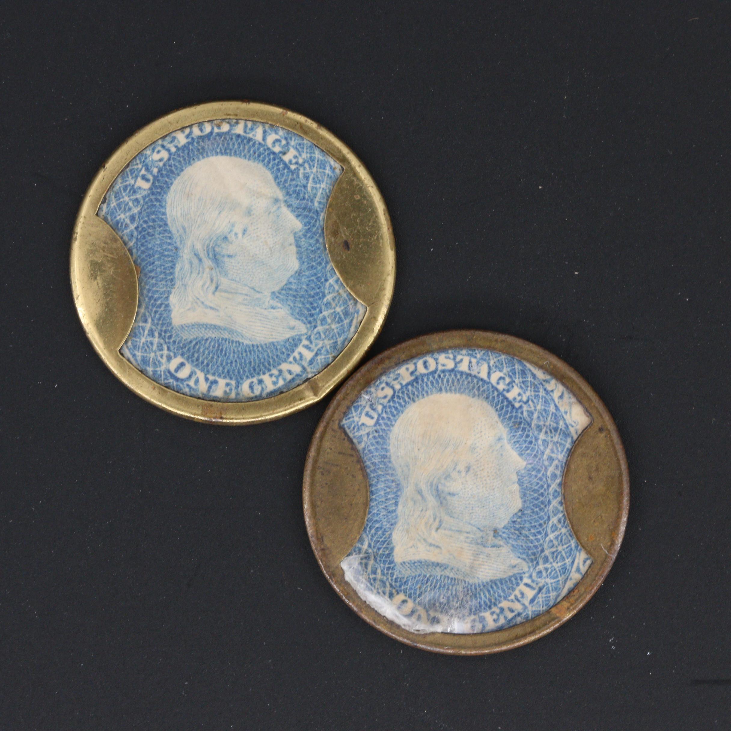 Group of Eight Civil War Era Encased Postage Stamp Tokens