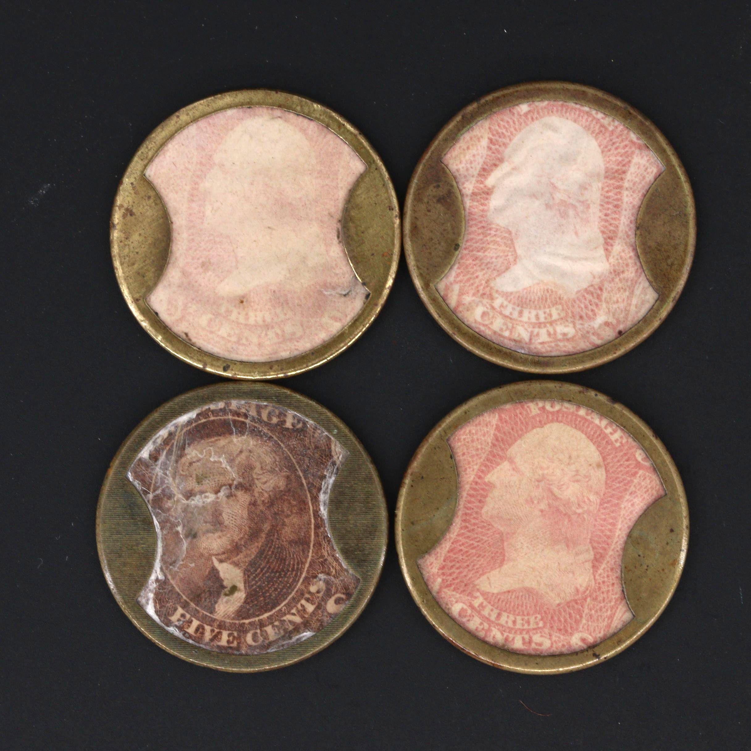 Group of Eight Civil War Era Encased Postage Stamp Tokens