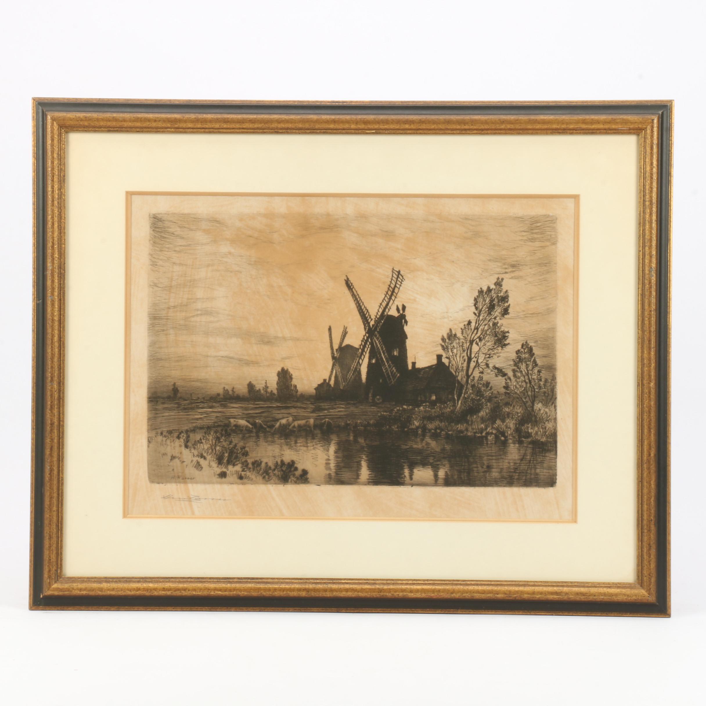 Restrike Etching after Henry Farrer of Pastoral Scene with Windmill