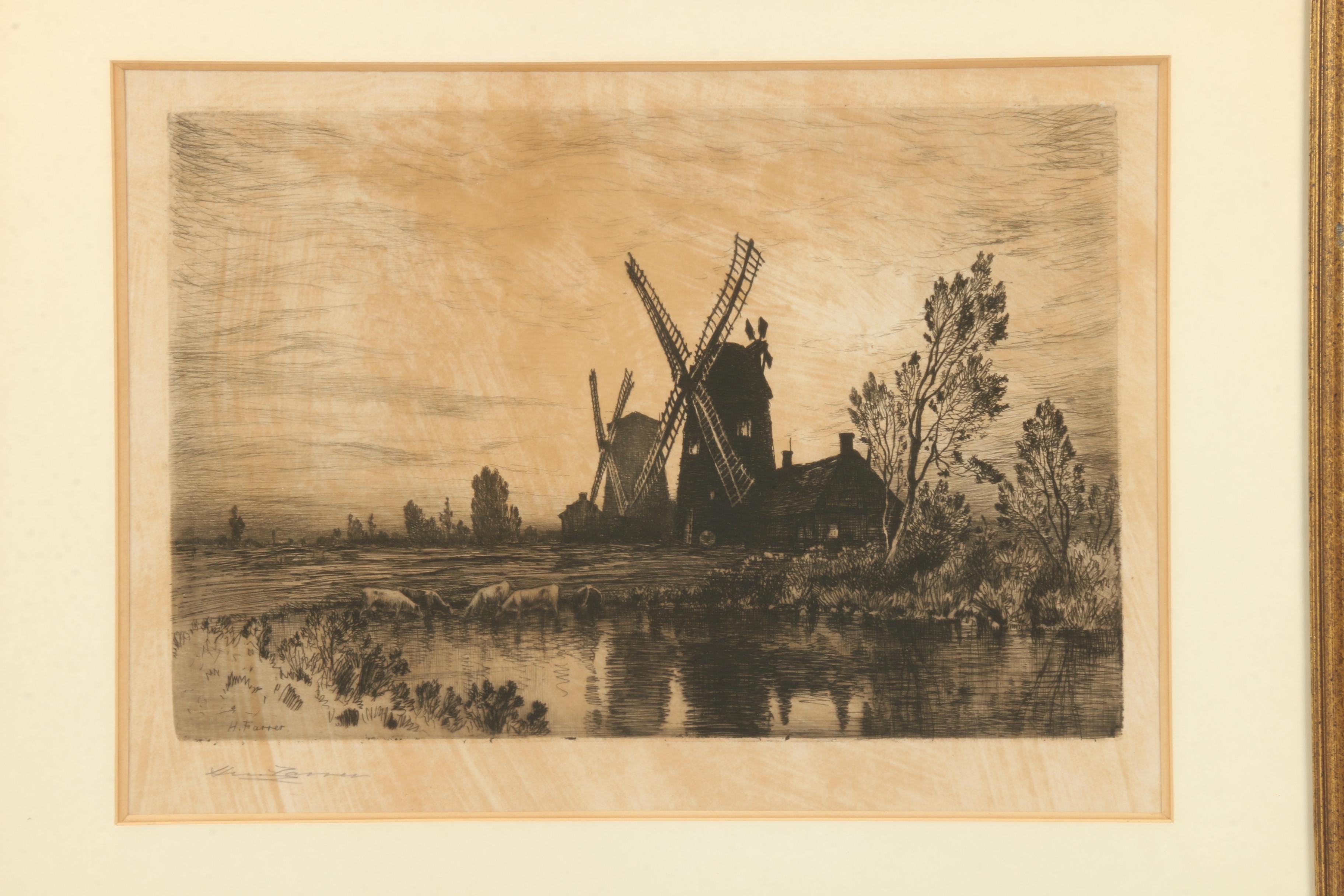 Restrike Etching after Henry Farrer of Pastoral Scene with Windmill