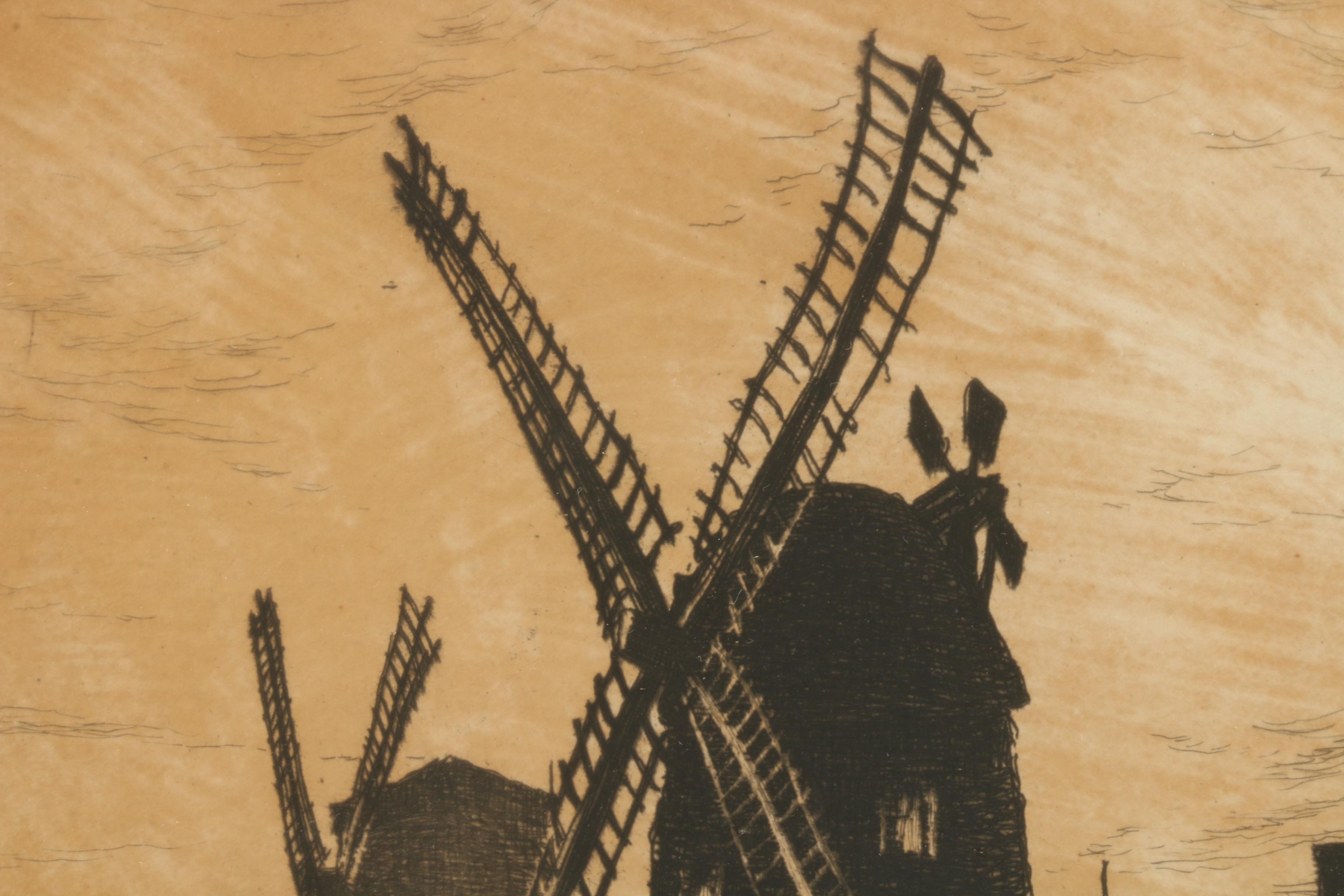 Restrike Etching after Henry Farrer of Pastoral Scene with Windmill
