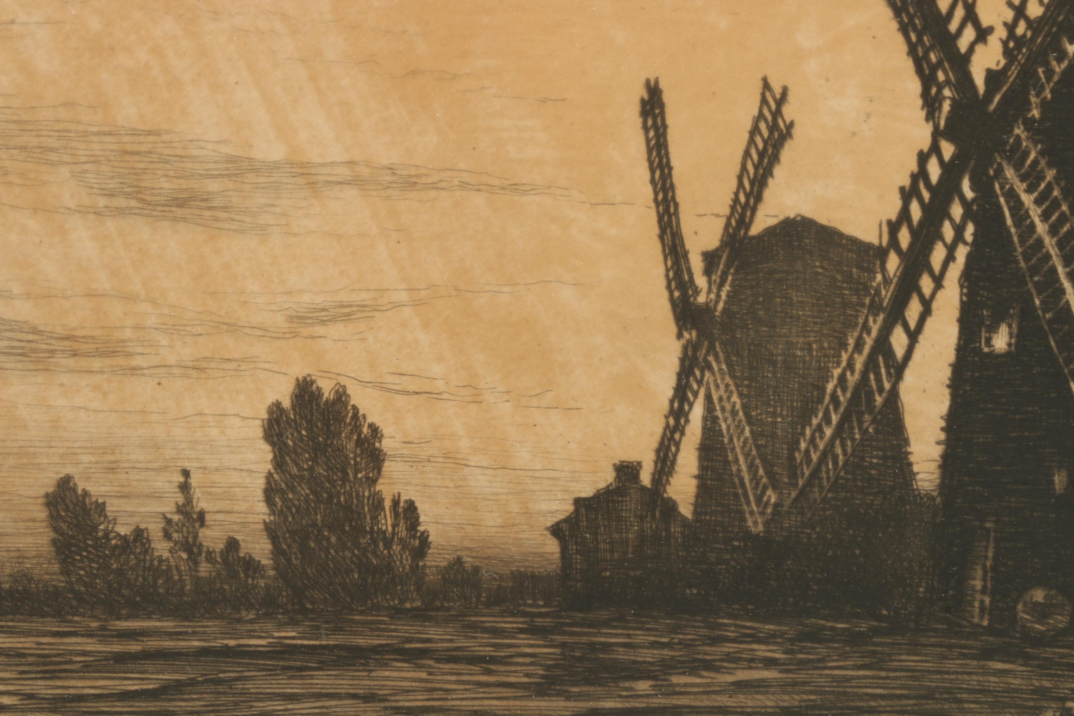 Restrike Etching after Henry Farrer of Pastoral Scene with Windmill