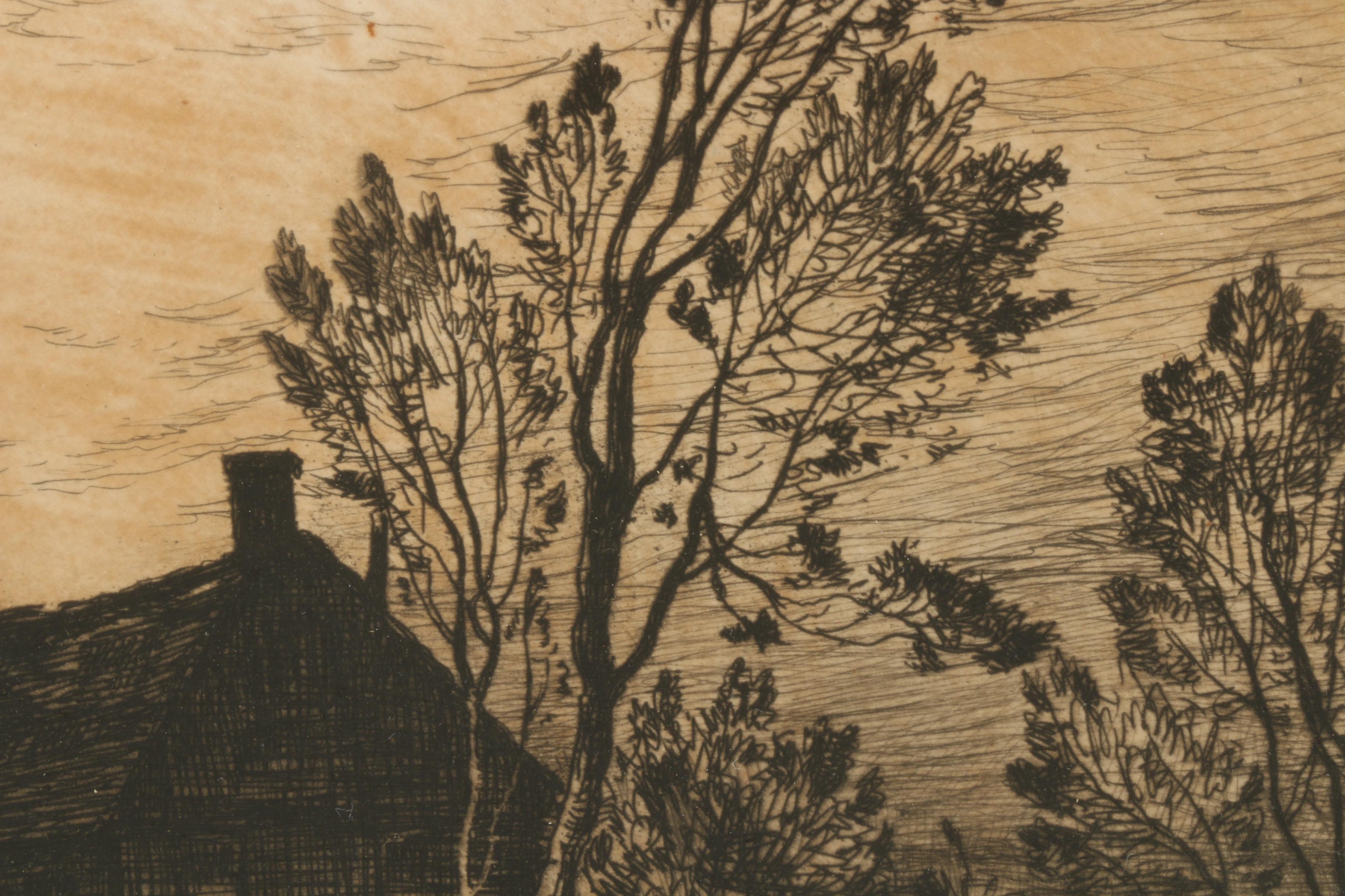 Restrike Etching after Henry Farrer of Pastoral Scene with Windmill