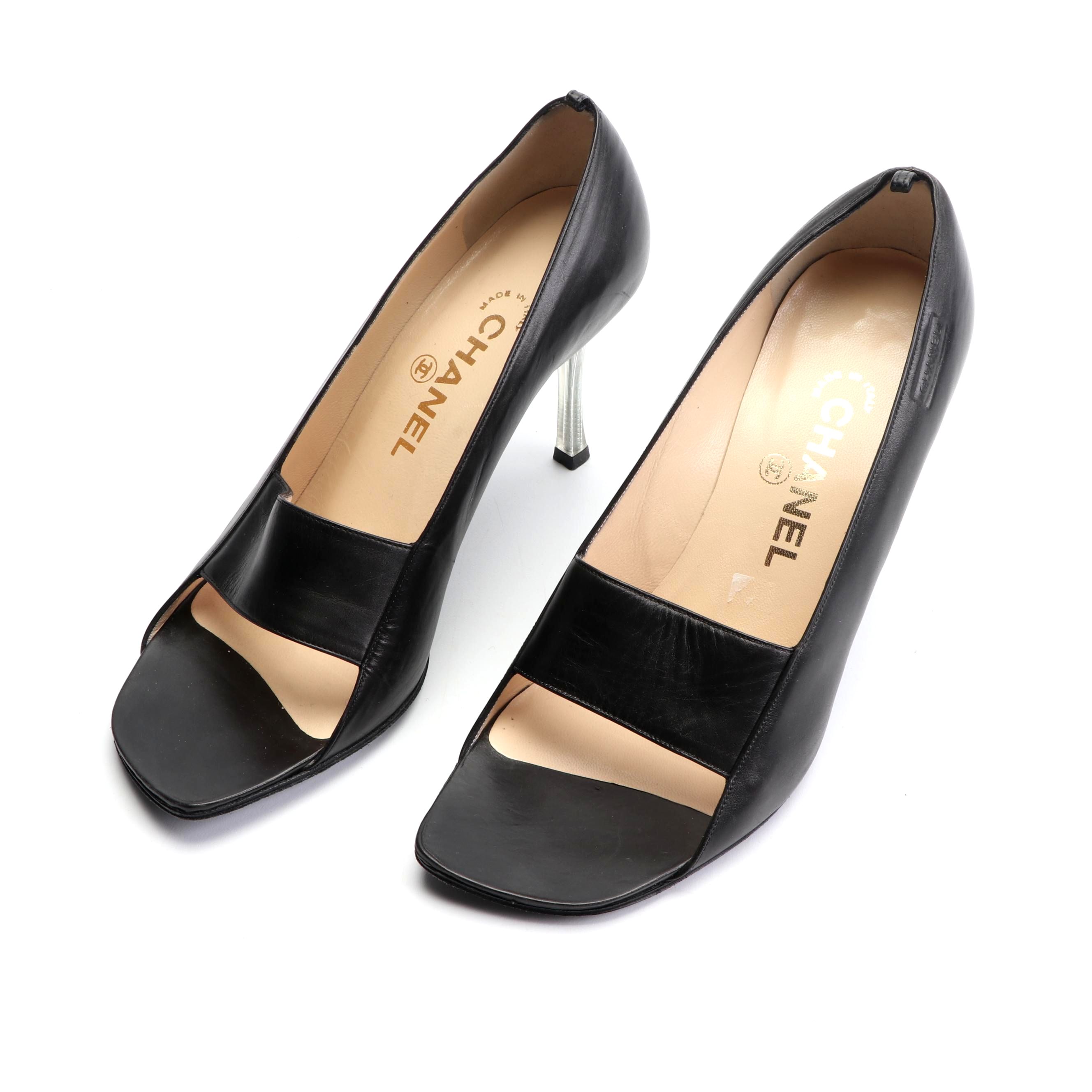 Chanel Black Leather Open-Toe Pumps with Lucite Heels