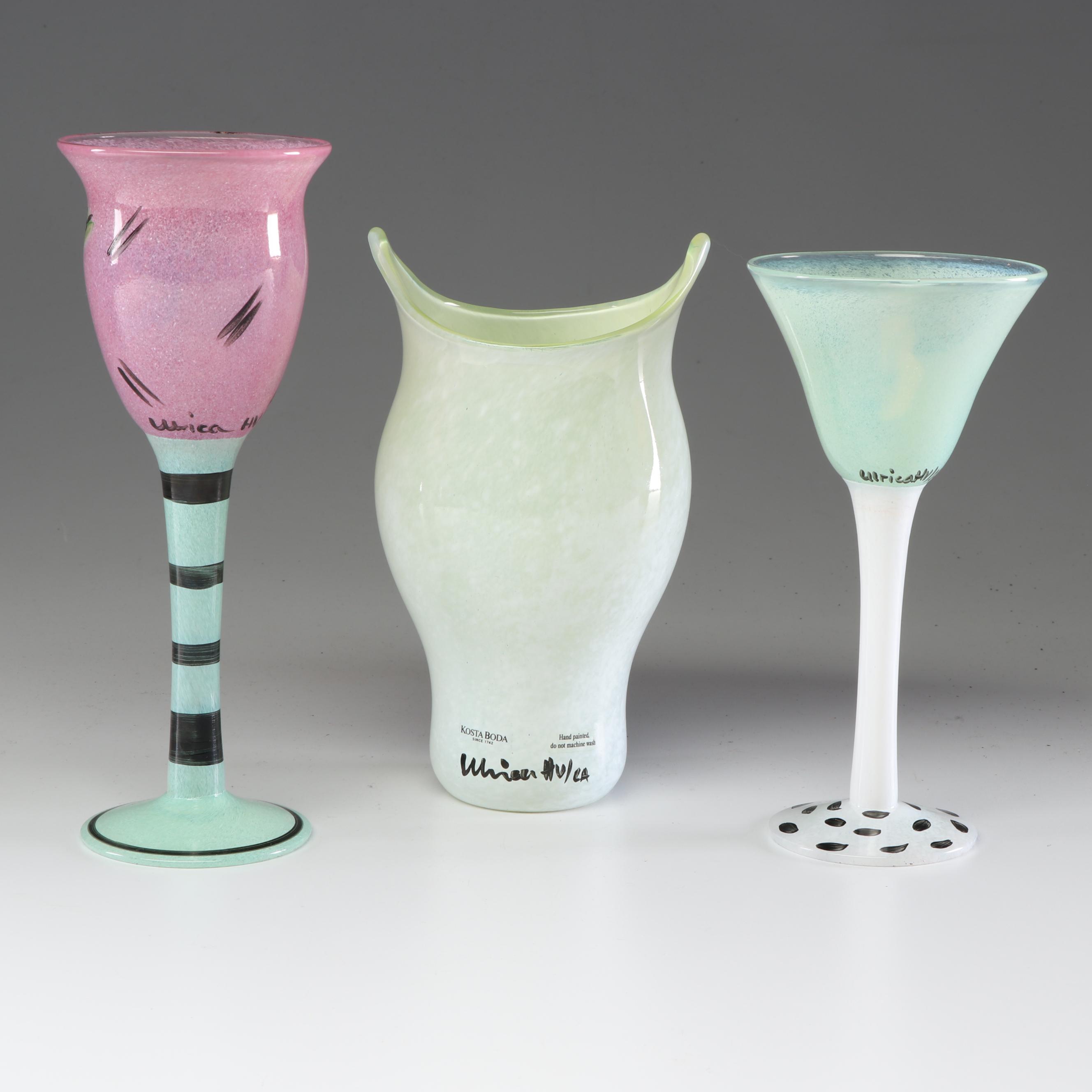 Kosta Boda Hand-Painted Glass Cat Vase and Stemware by Ulrica Hulge
