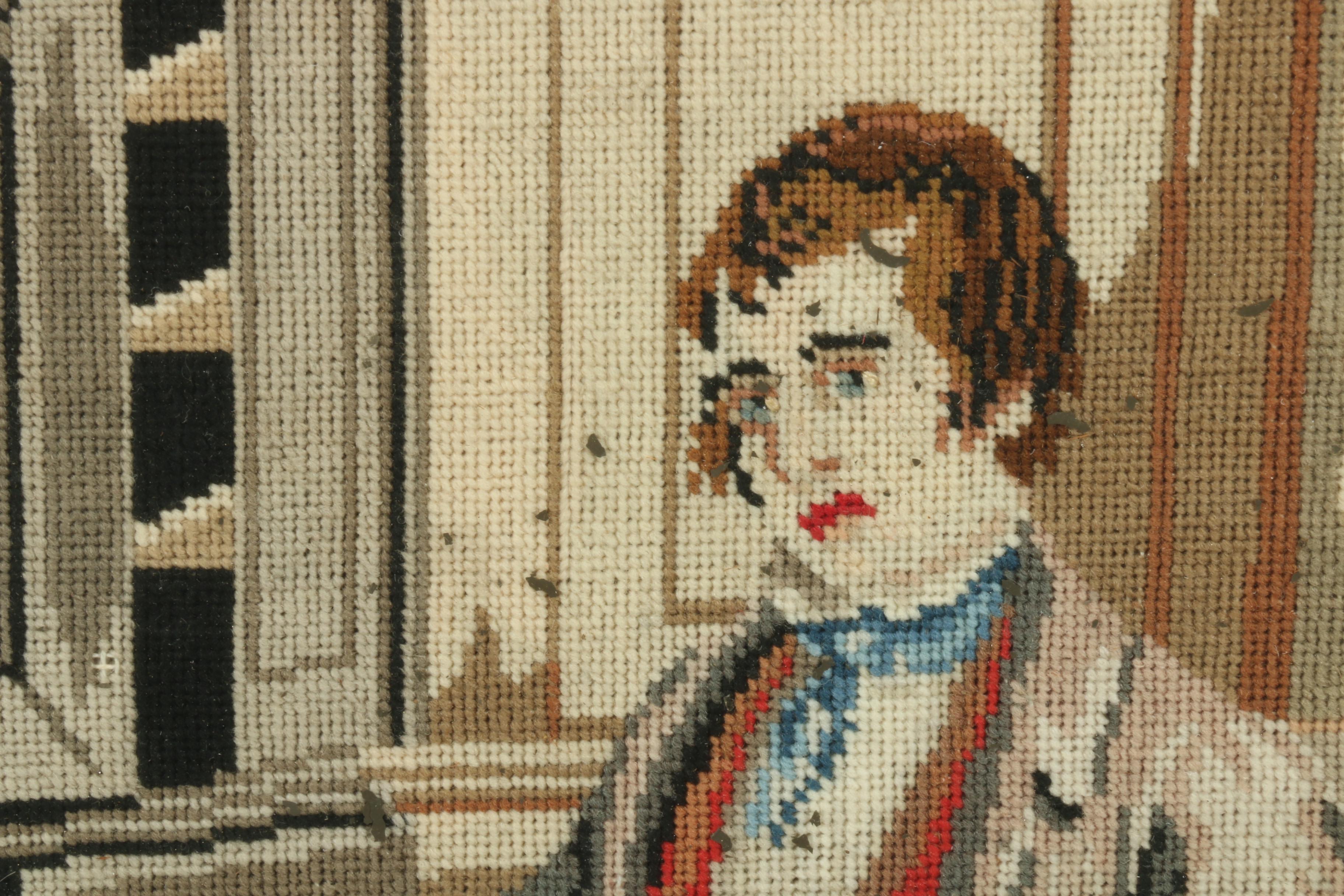 Needlepoint Genre Scene of Man with Dog