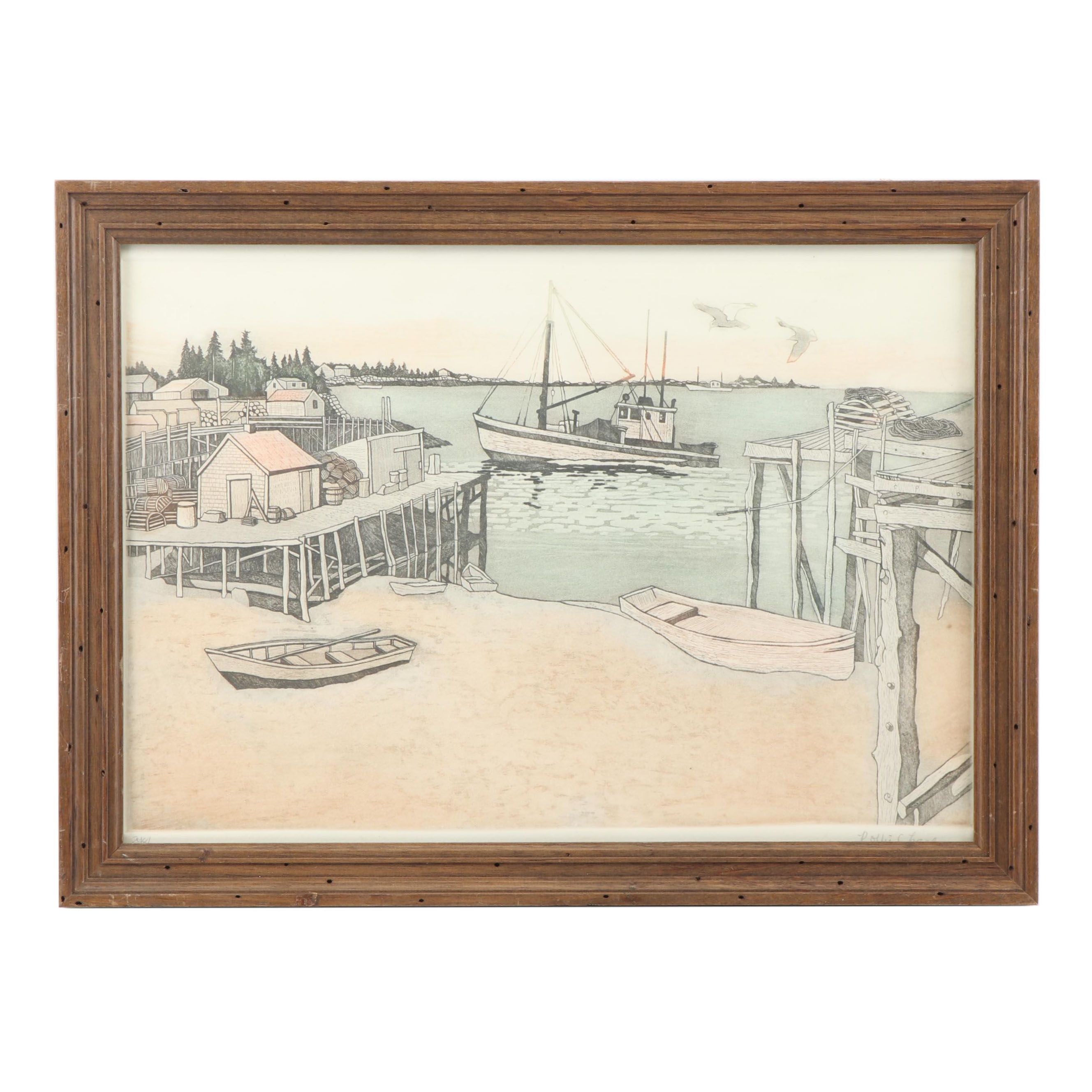 Polly Chase Etching of Harbor Scene