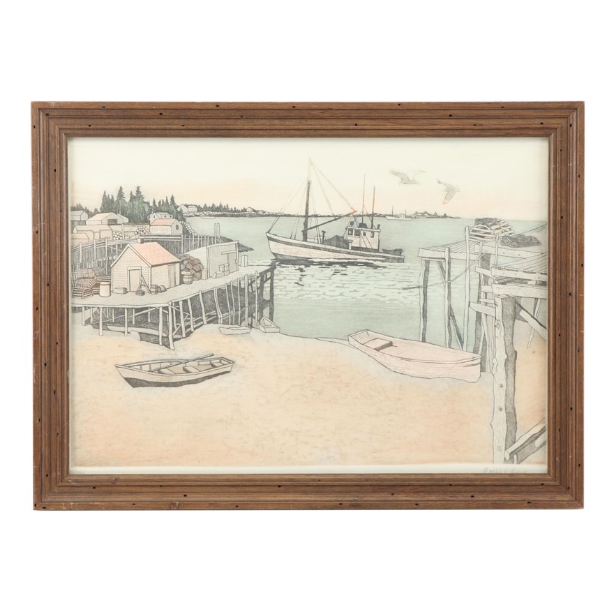 Polly Chase Etching of Harbor Scene