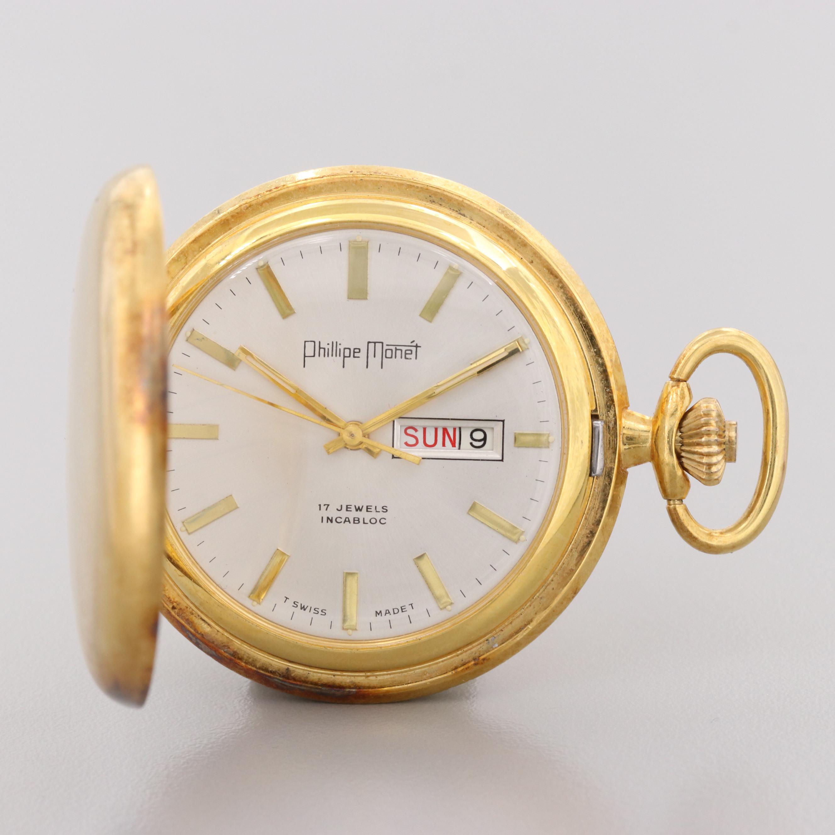 Phillipe Monet Gold Plated Hunting Case Pocket Watch With Day/Date