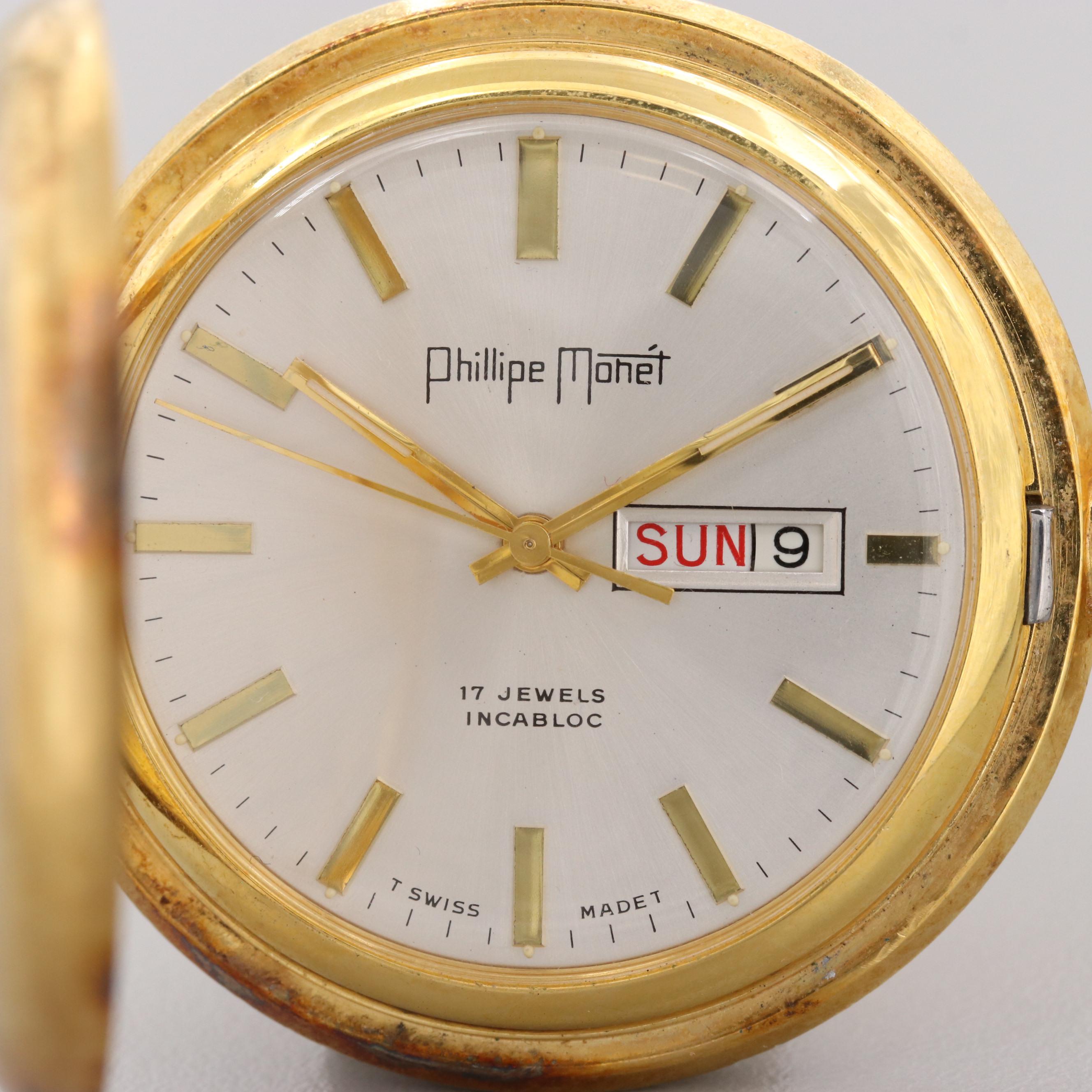 Phillipe Monet Gold Plated Hunting Case Pocket Watch With Day/Date