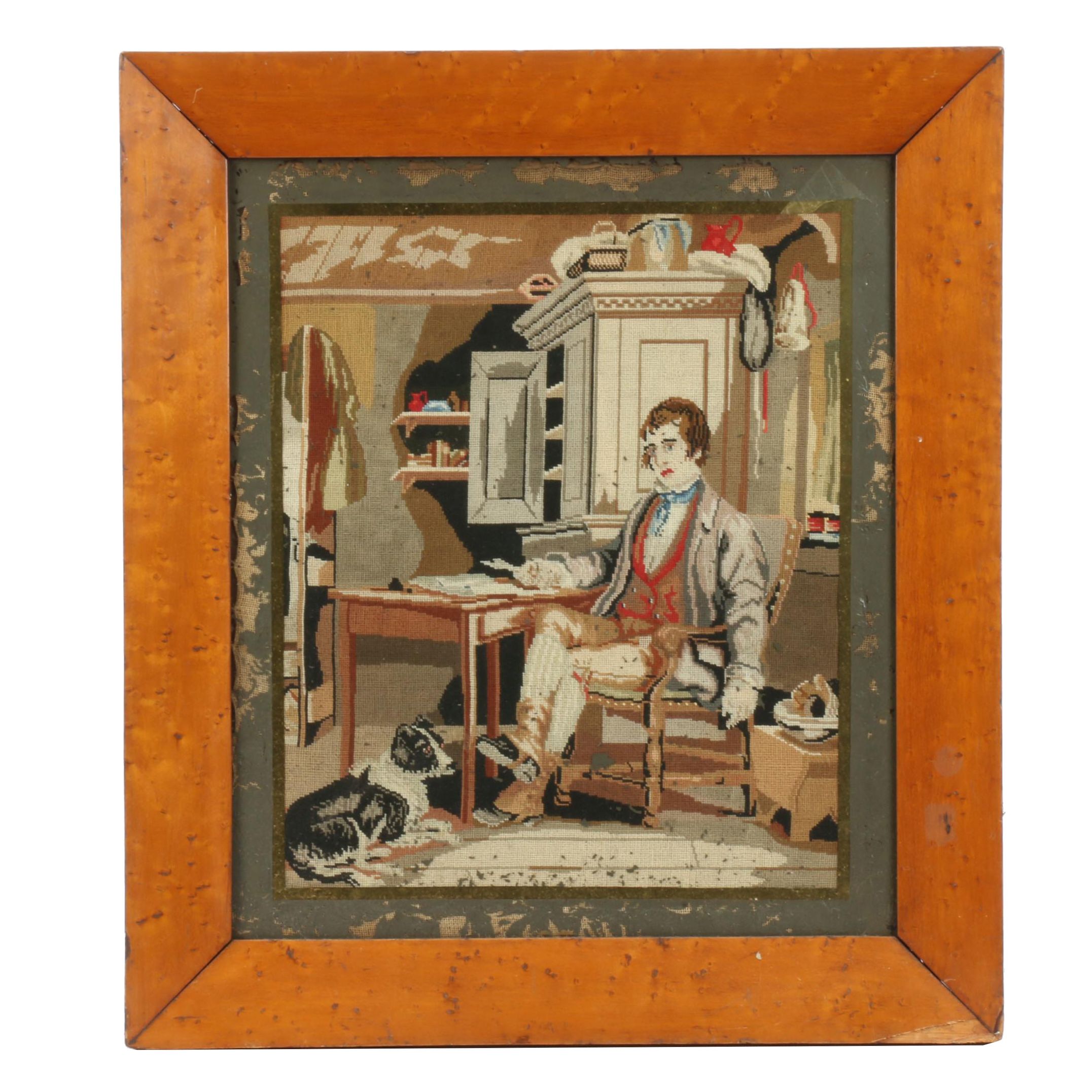 Needlepoint Genre Scene of Man with Dog